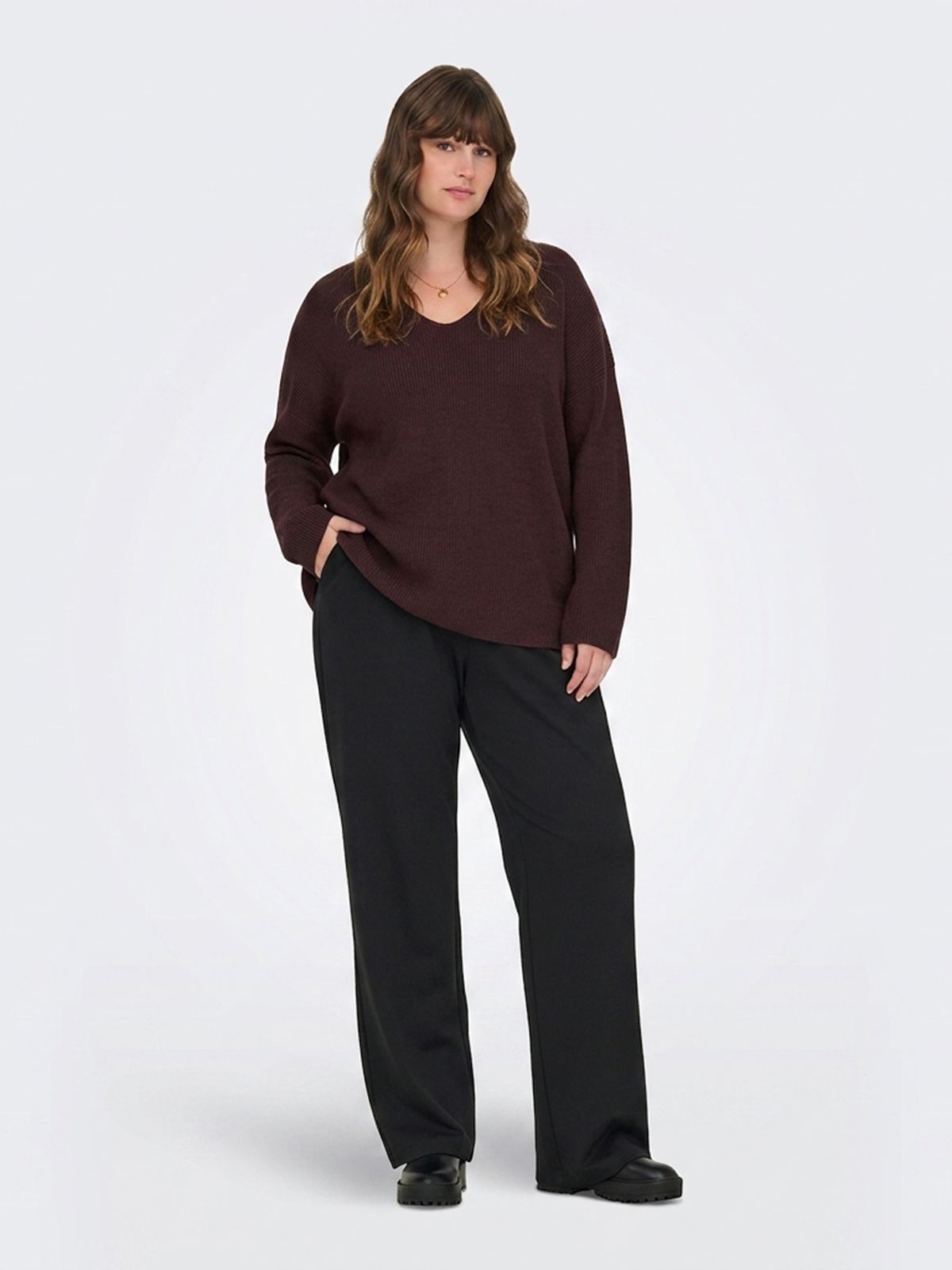 Caribi long-sleeve rib loose V-neck knit top