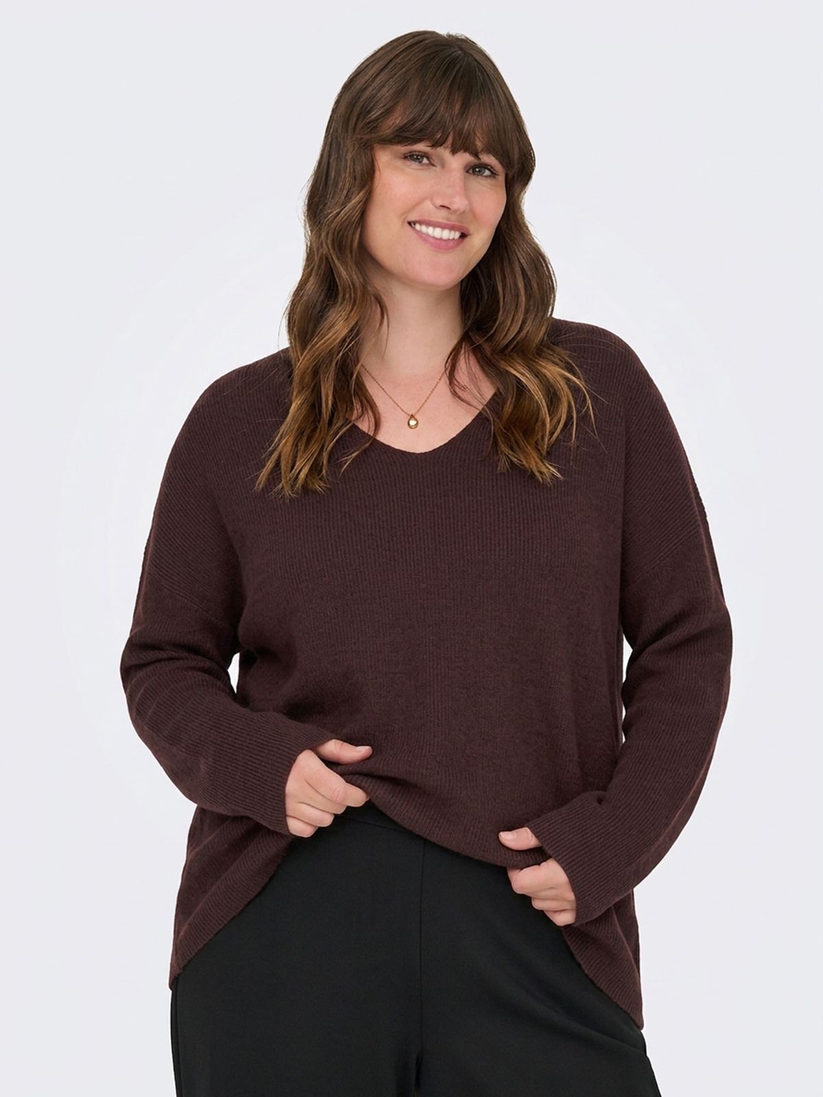 Caribi long-sleeve rib loose V-neck knit top