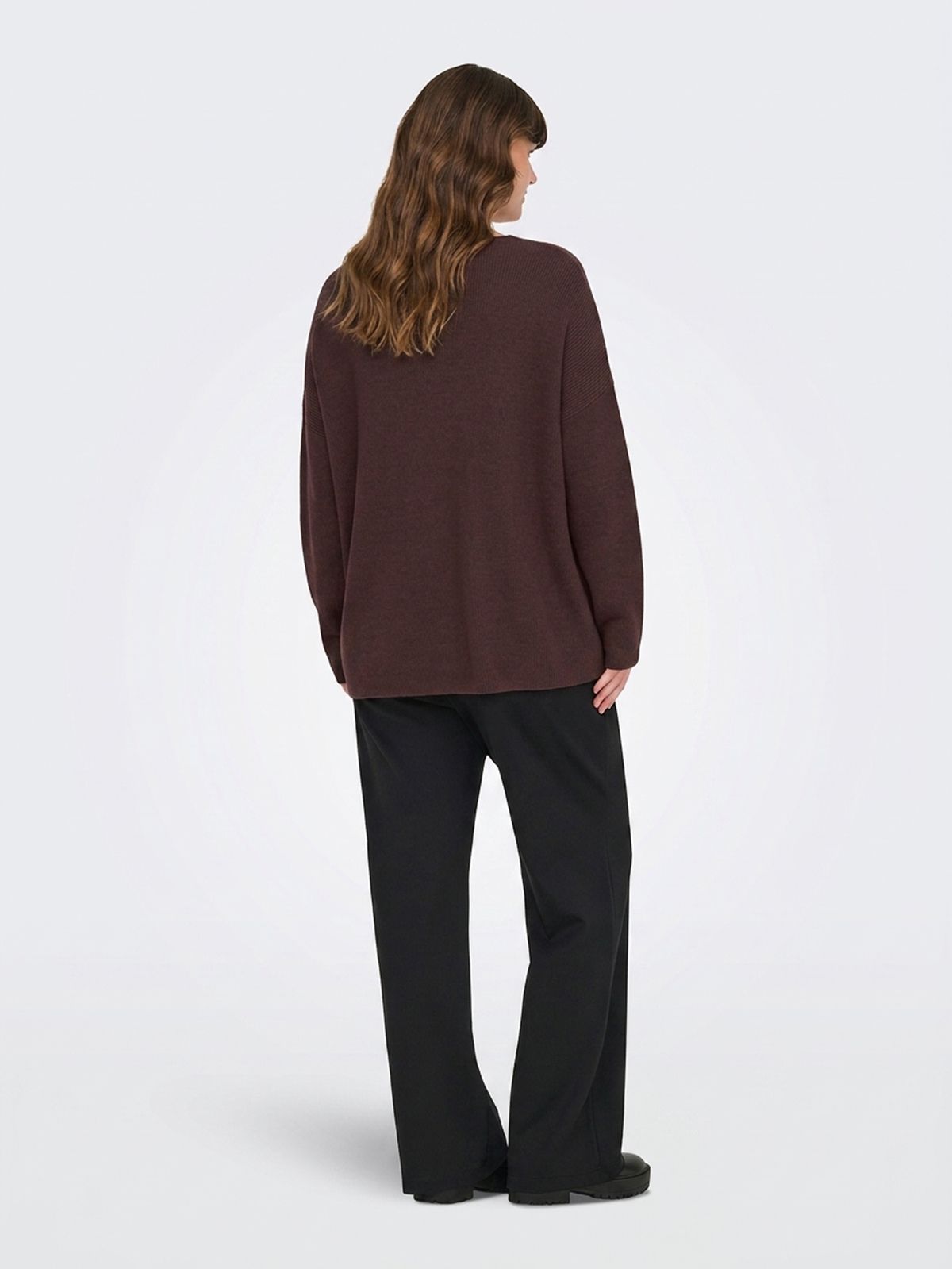 Caribi long-sleeve rib loose V-neck knit top