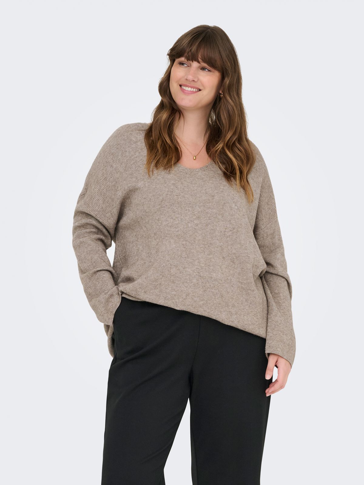 Caribi long-sleeve rib loose V-neck knit top
