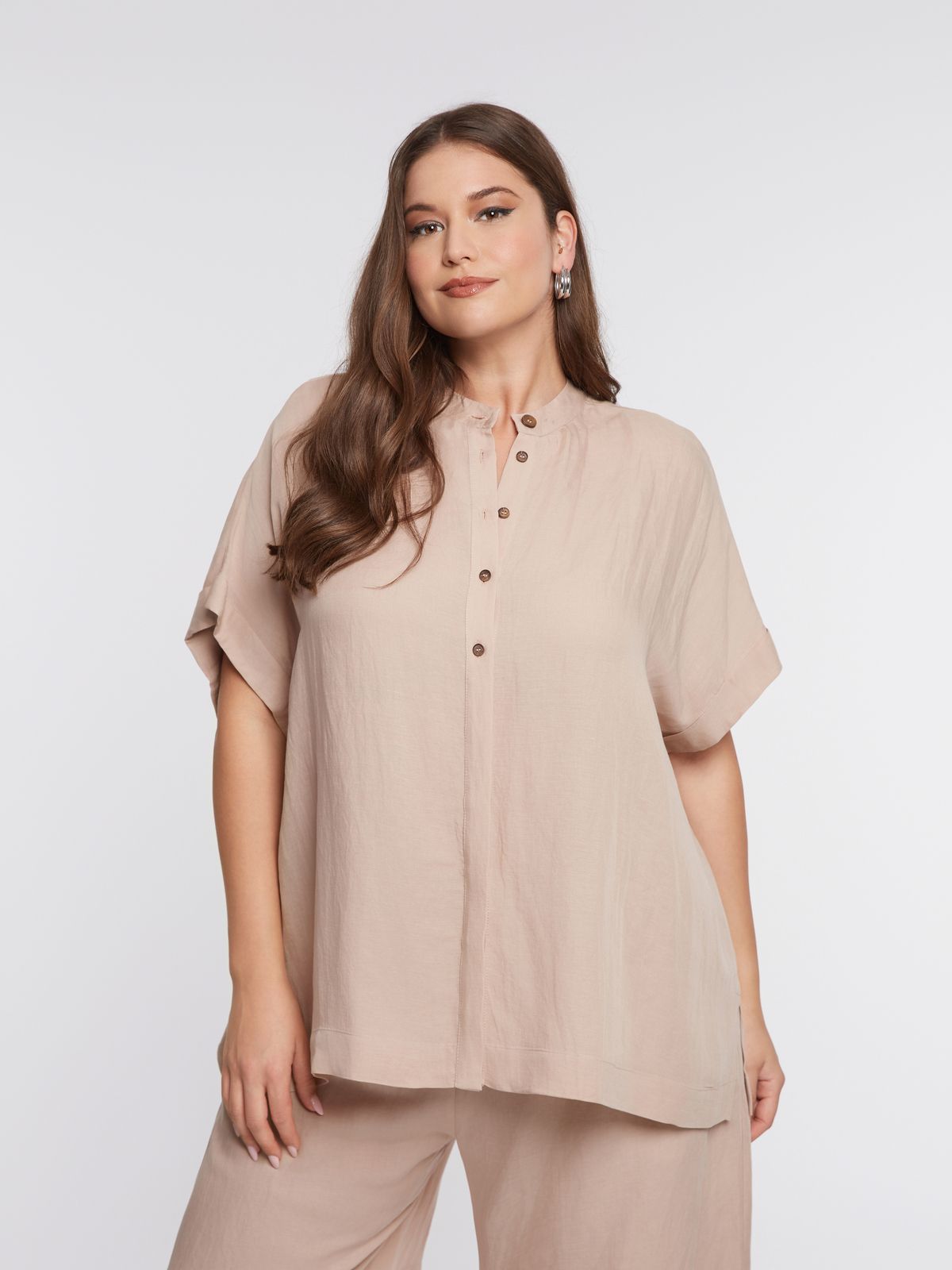 Relaxed linen-blend boxy shirt with mandarin collar 