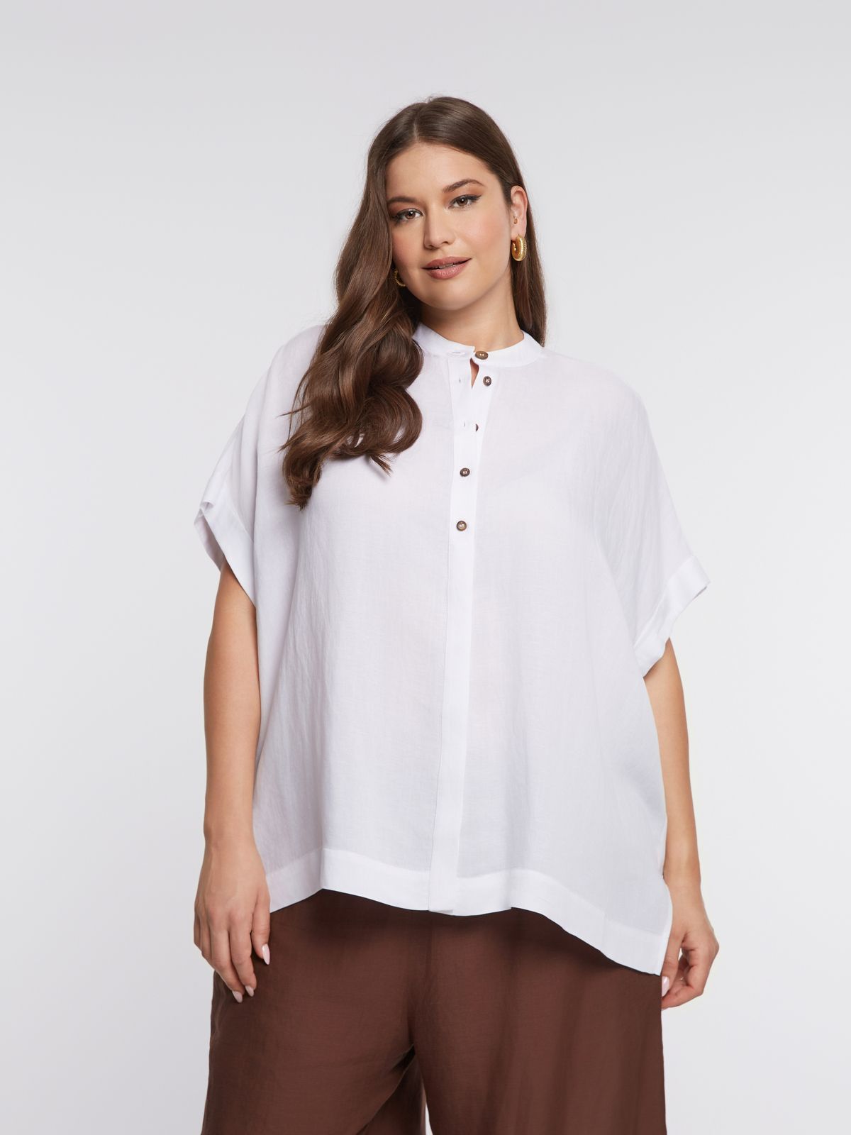 Relaxed linen-blend boxy shirt with mandarin collar 