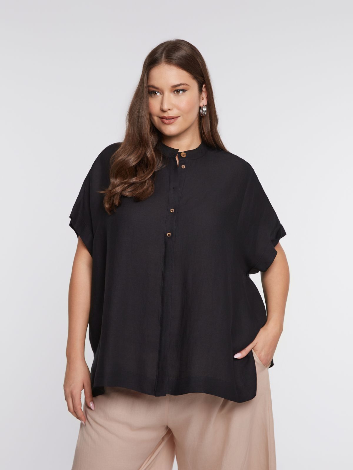 Relaxed linen-blend boxy shirt with mandarin collar 