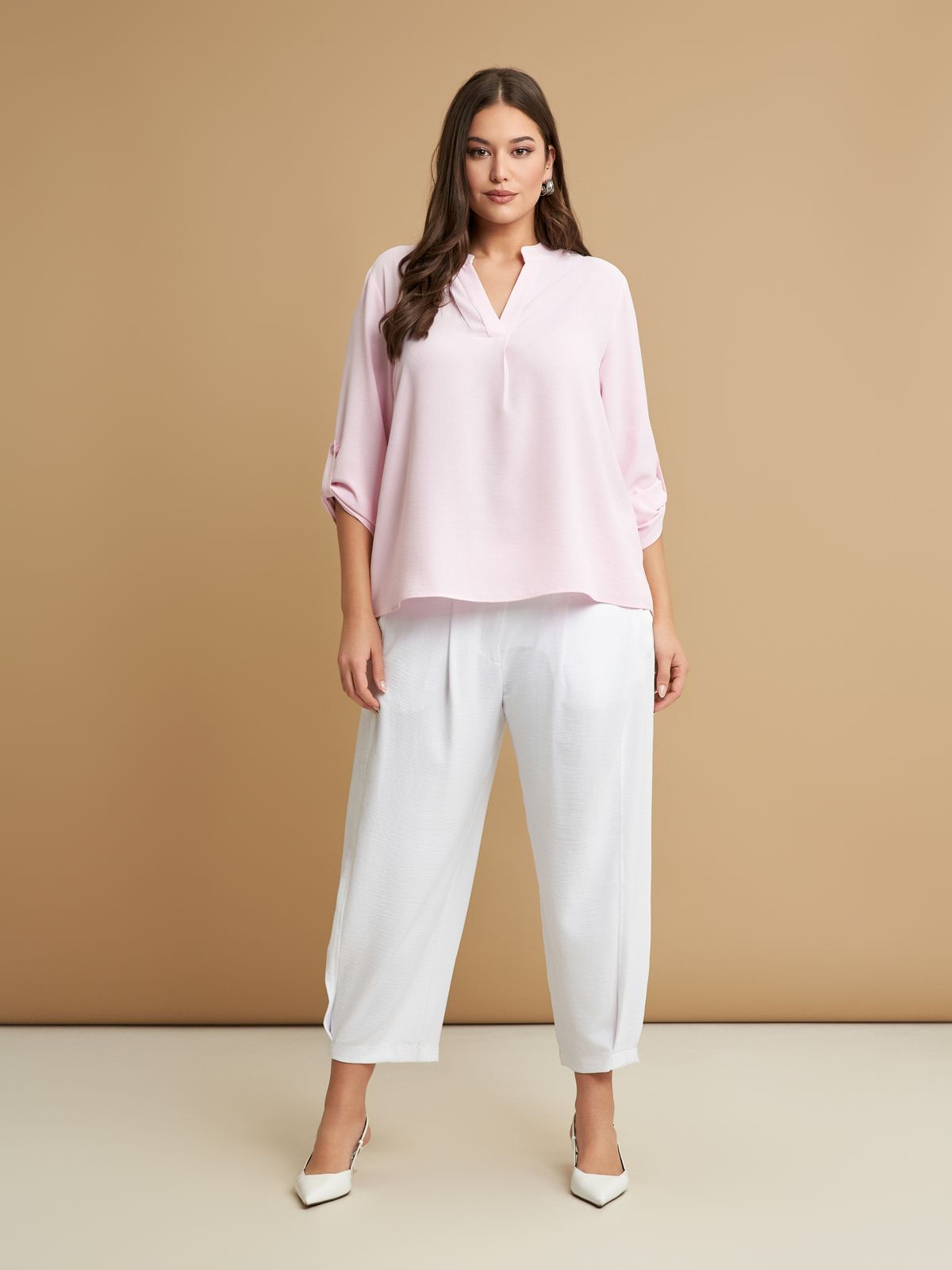 Roll-sleeve V-neck blouse