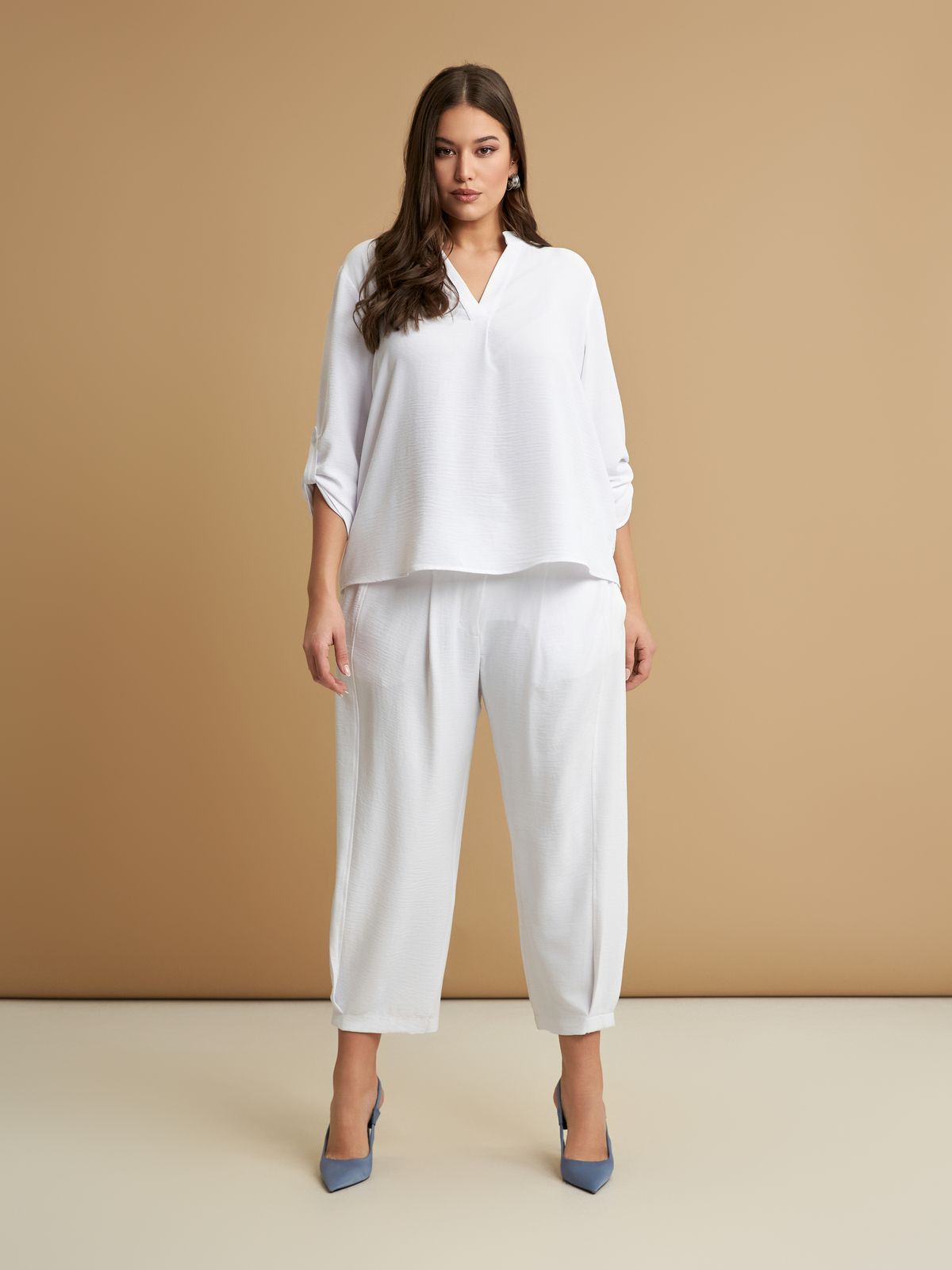 Roll-sleeve V-neck blouse