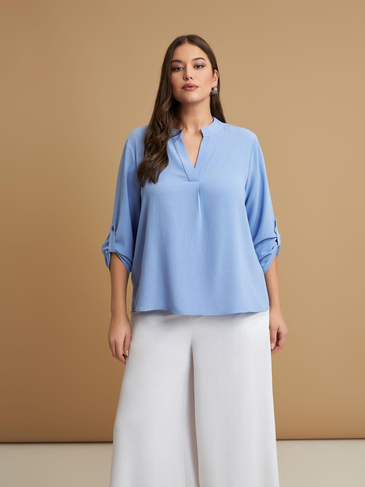 Roll-sleeve V-neck blouse