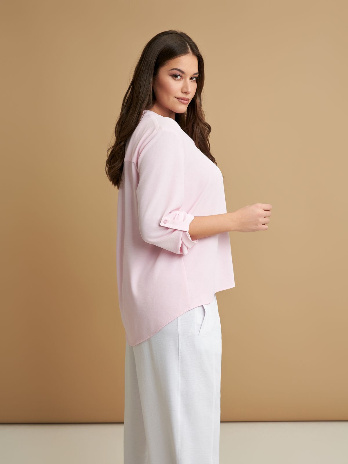 Roll-sleeve V-neck blouse