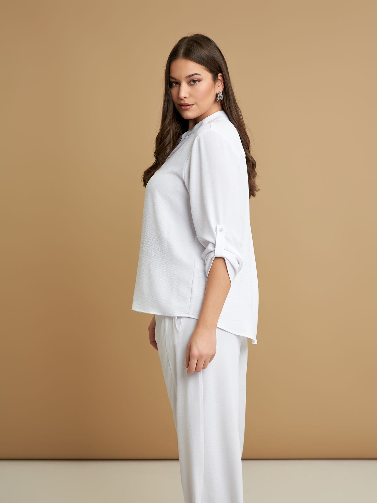 Roll-sleeve V-neck blouse