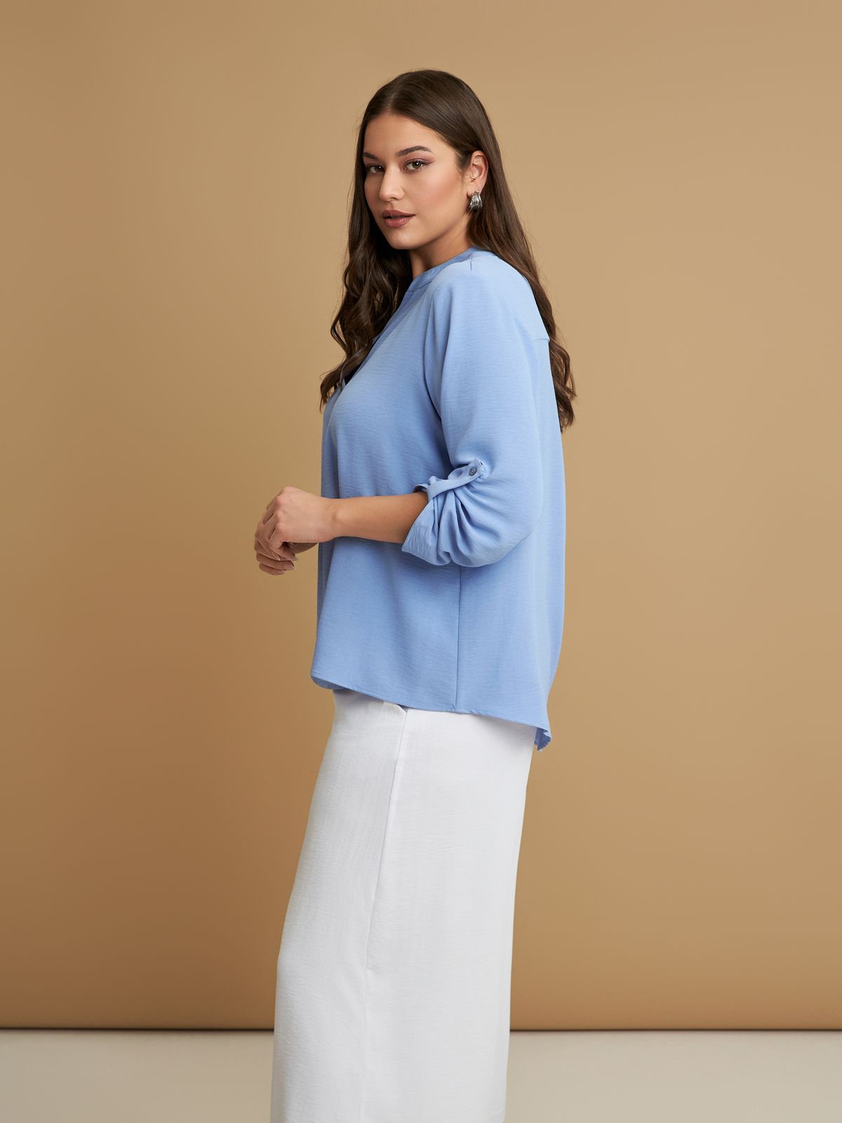 Roll-sleeve V-neck blouse