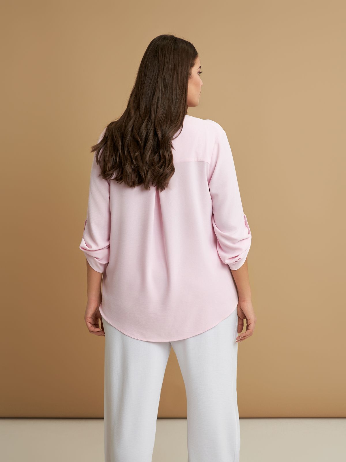 Roll-sleeve V-neck blouse