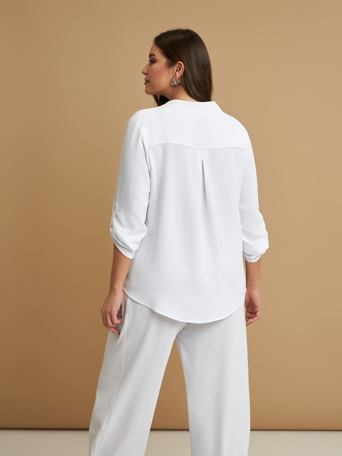 Roll-sleeve V-neck blouse