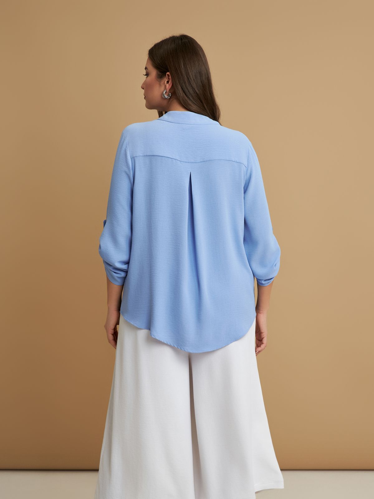 Roll-sleeve V-neck blouse