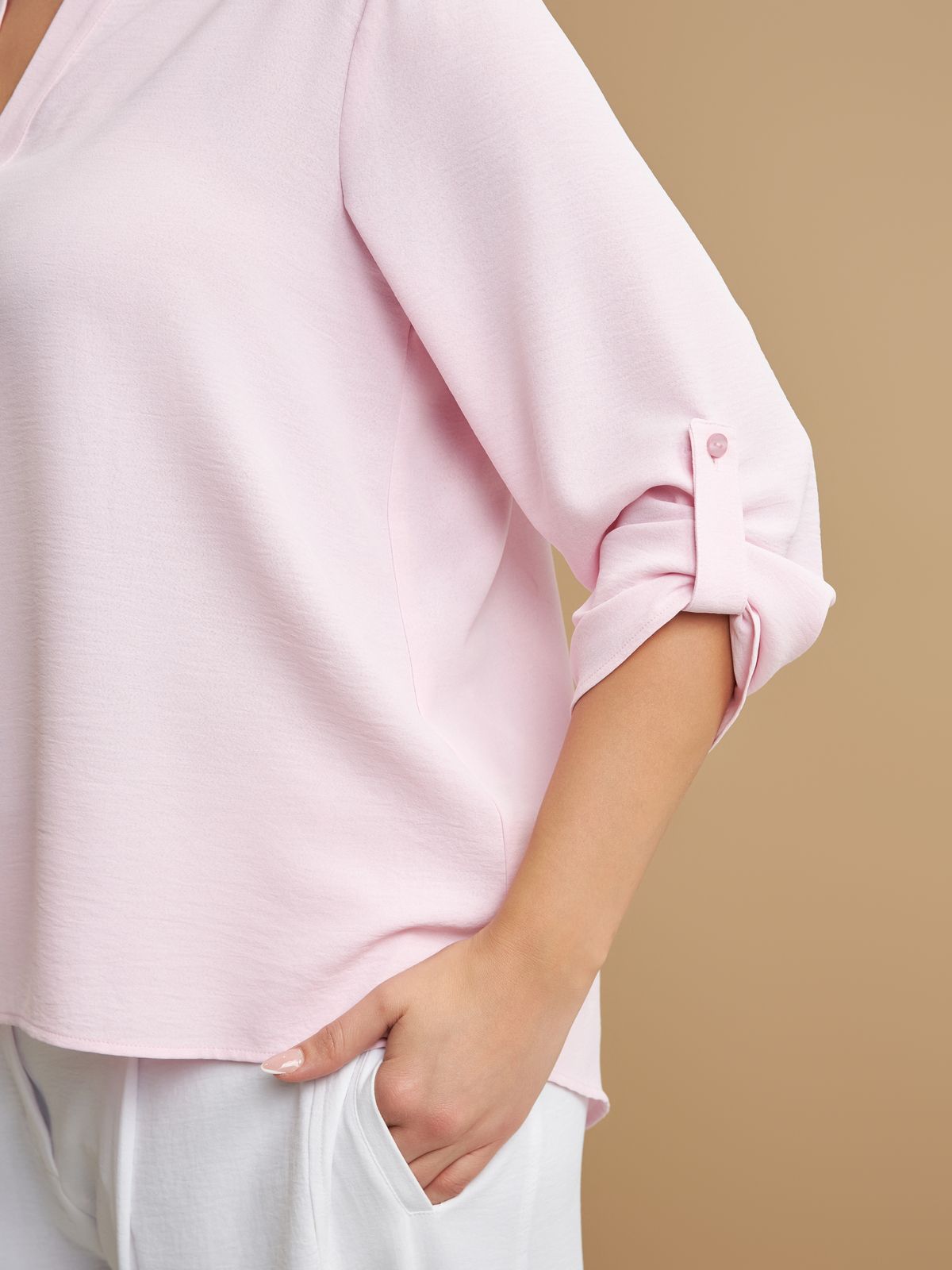 Roll-sleeve V-neck blouse
