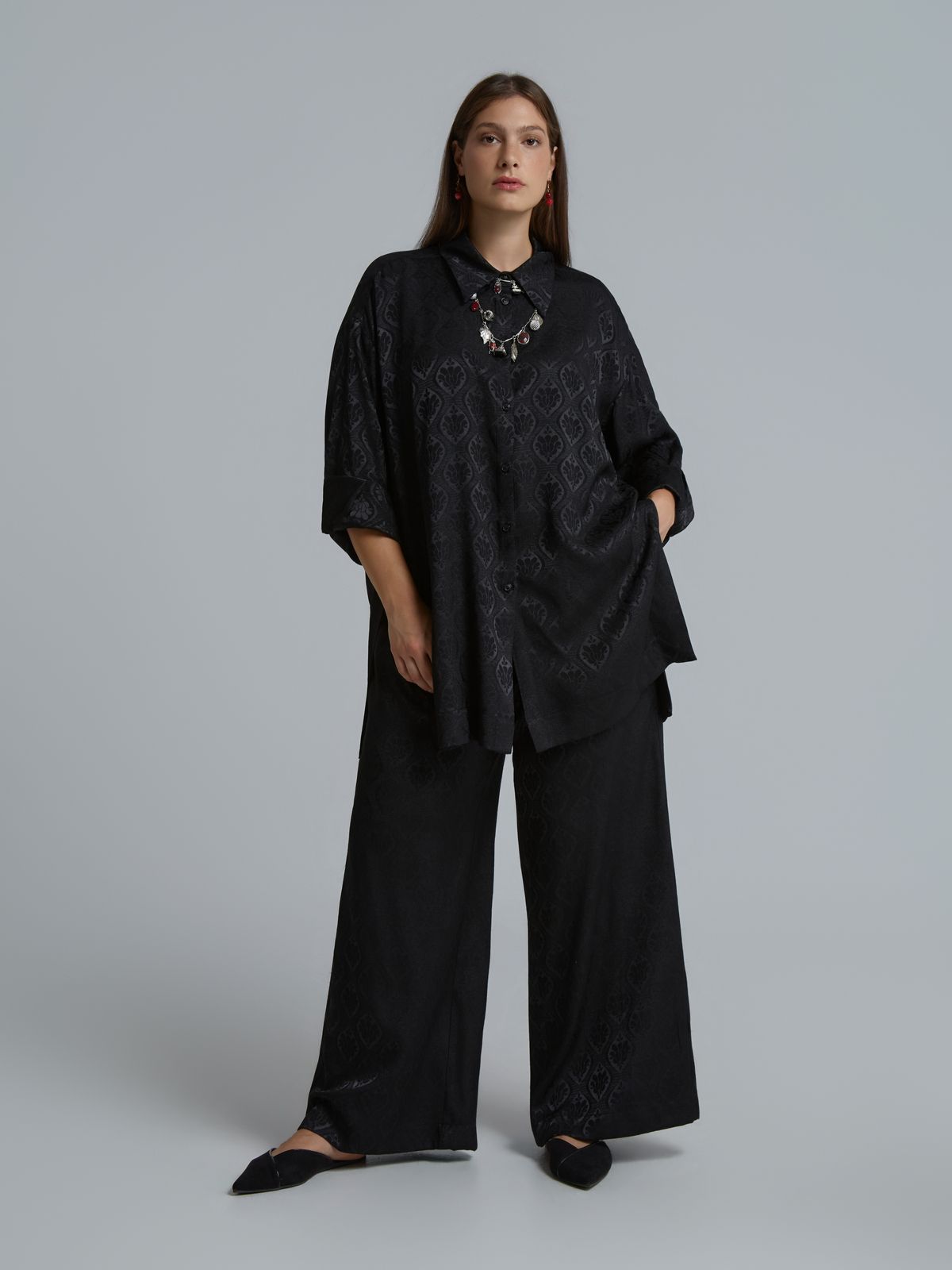 Satin longline shirt with baroque print