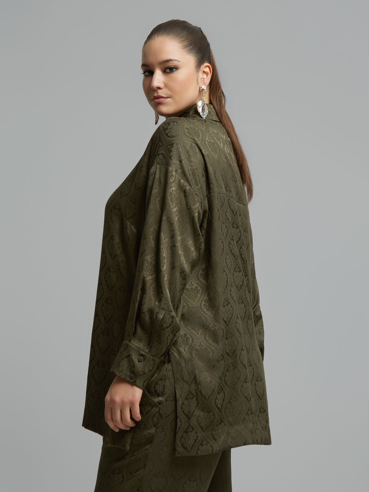 Satin longline shirt with baroque print