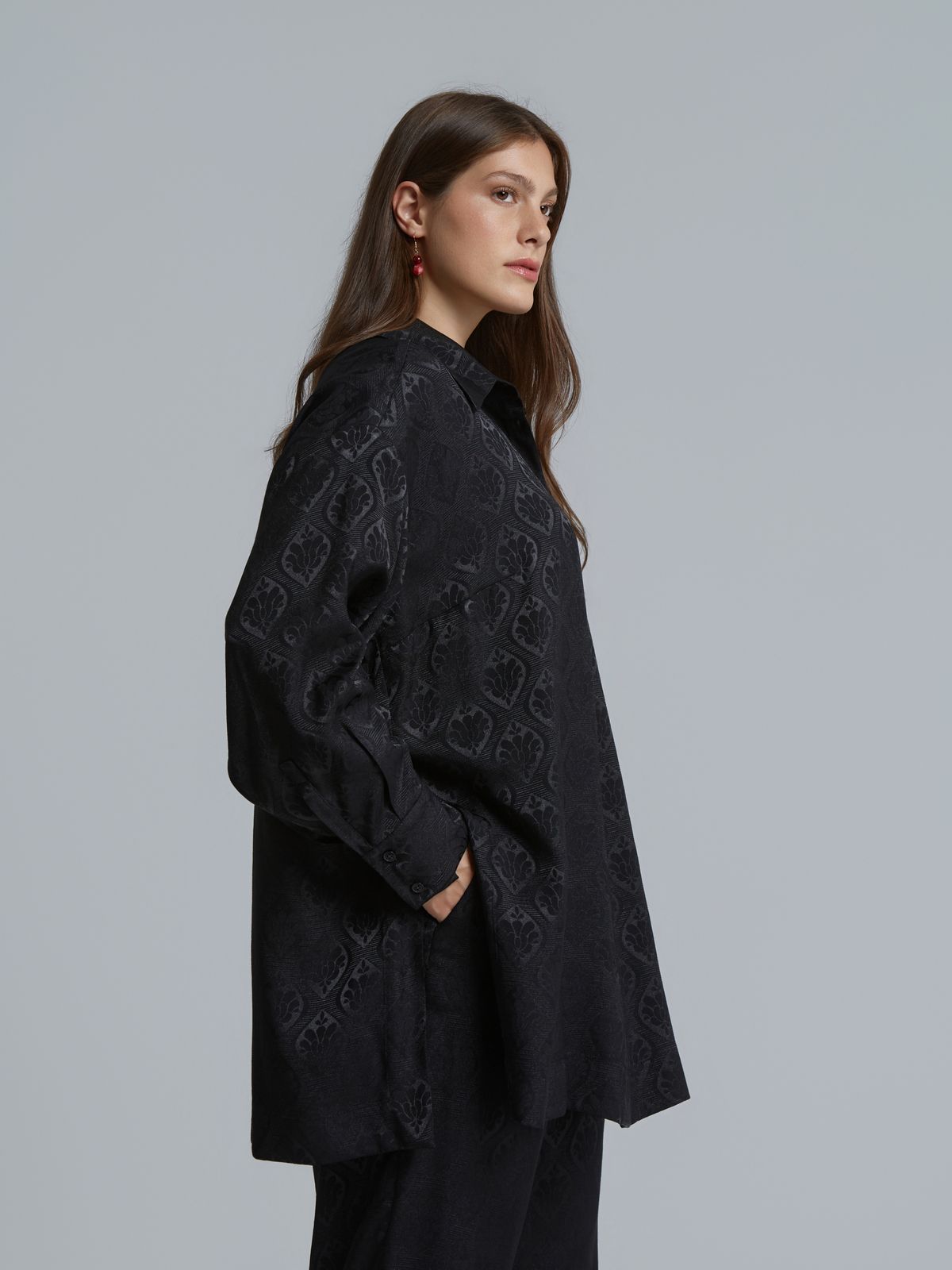 Satin longline shirt with baroque print