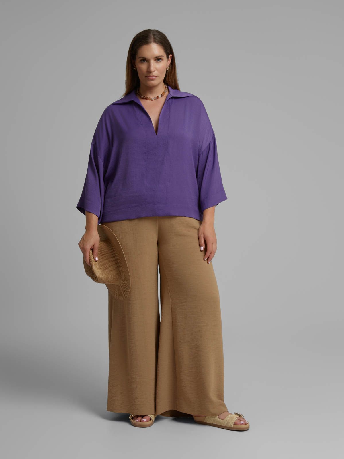 Satin V-neck blouse with point collar