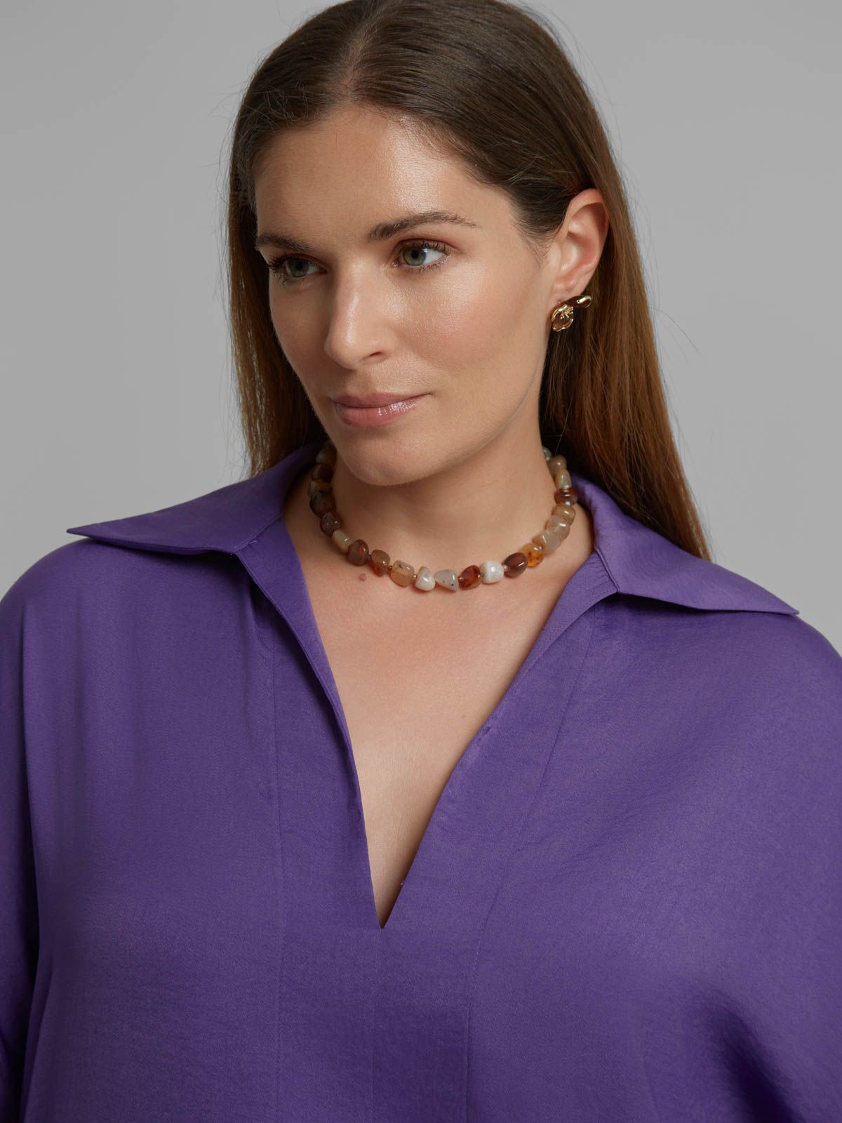 Satin V-neck blouse with point collar