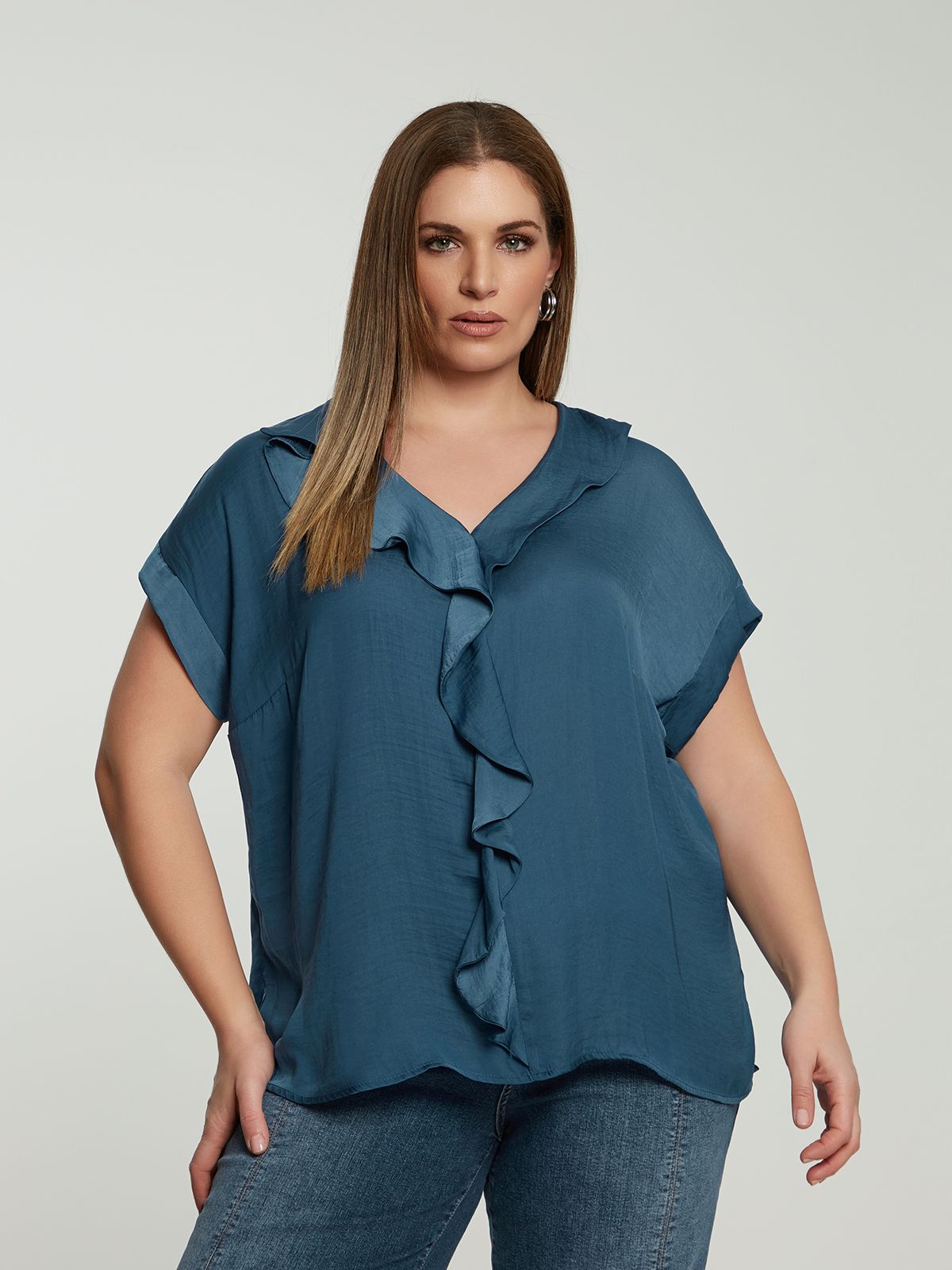 Satin V-neck blouse with ruffled front
