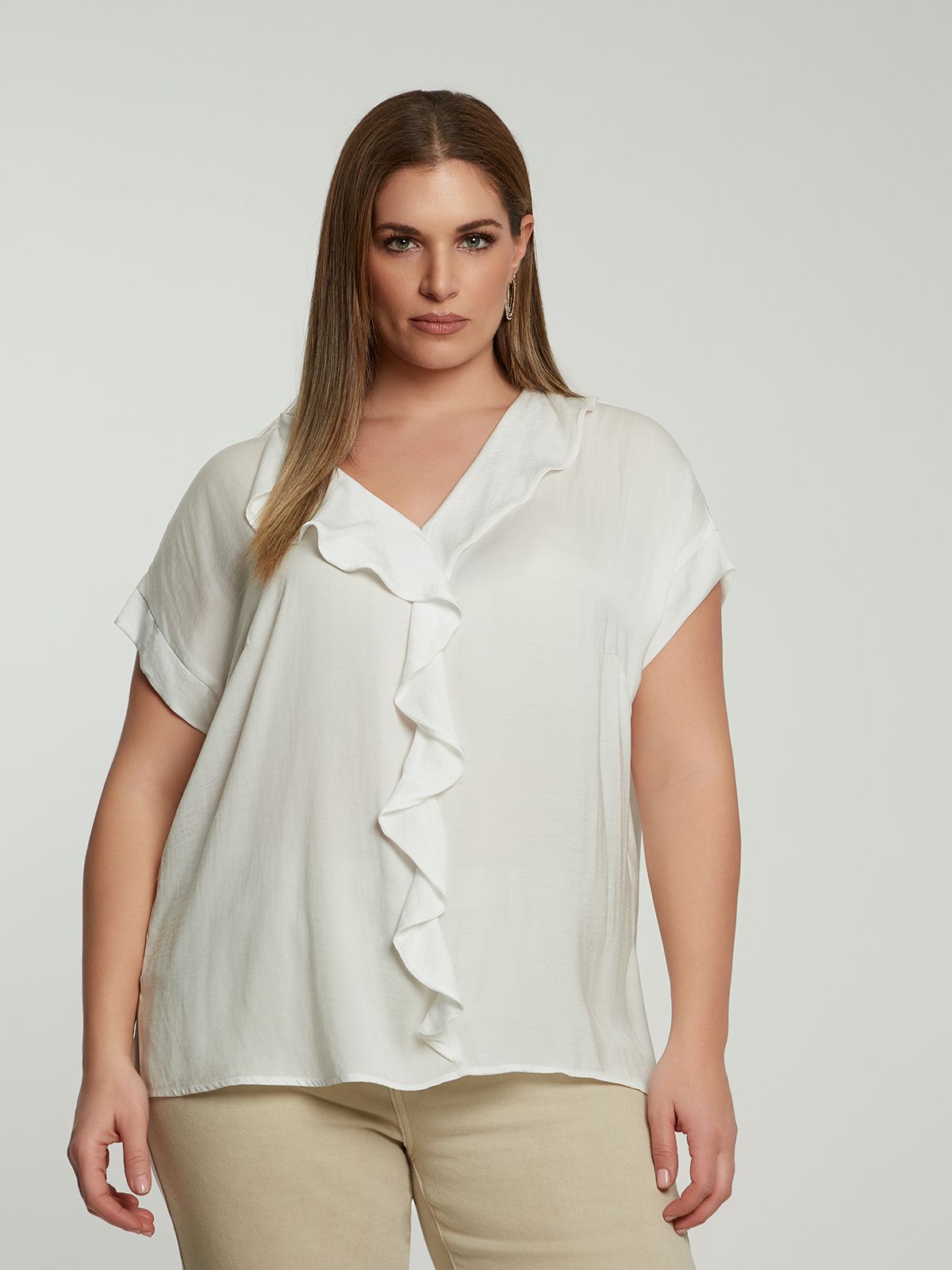 Satin V-neck blouse with ruffled front
