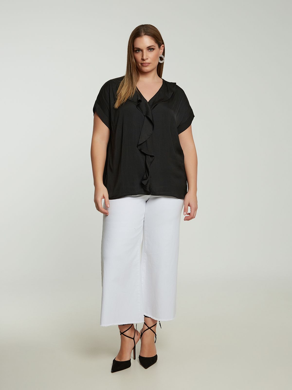 Satin V-neck blouse with ruffled front