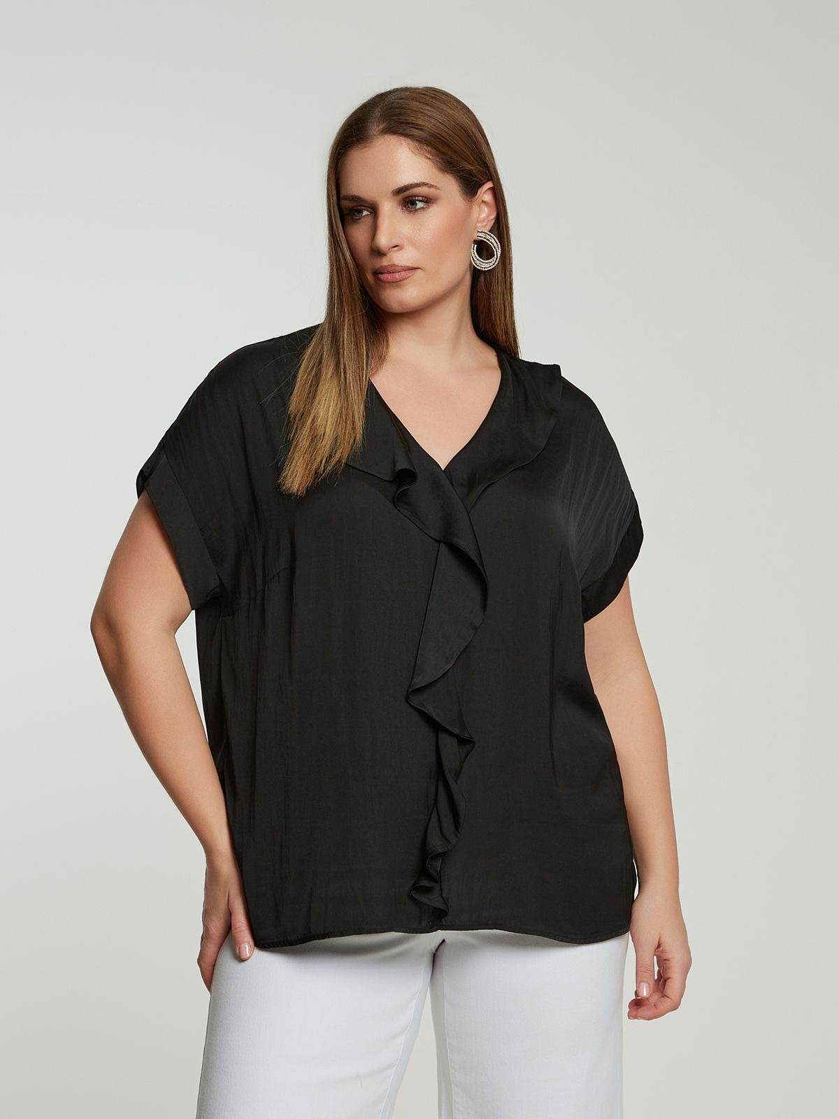 Satin V-neck blouse with ruffled front