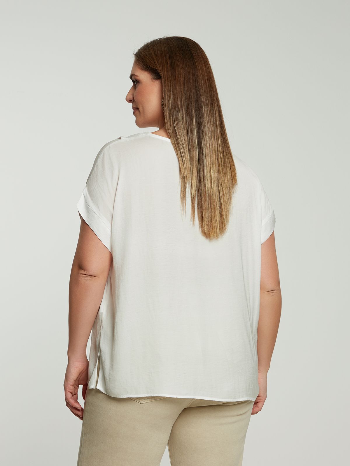 Satin V-neck blouse with ruffled front