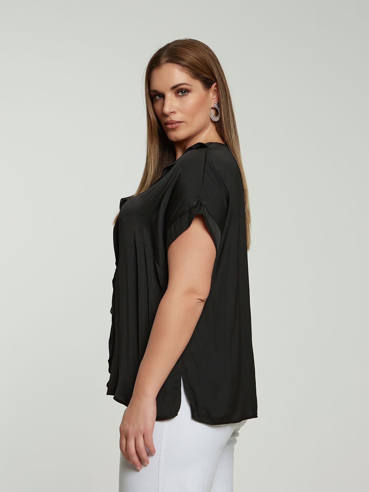 Satin V-neck blouse with ruffled front