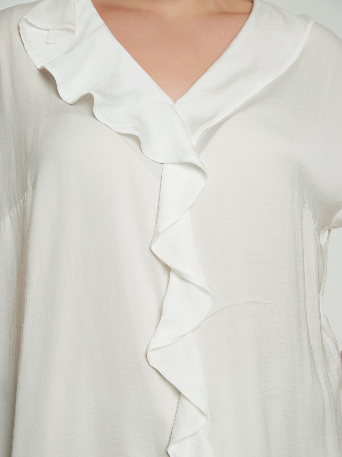 Satin V-neck blouse with ruffled front