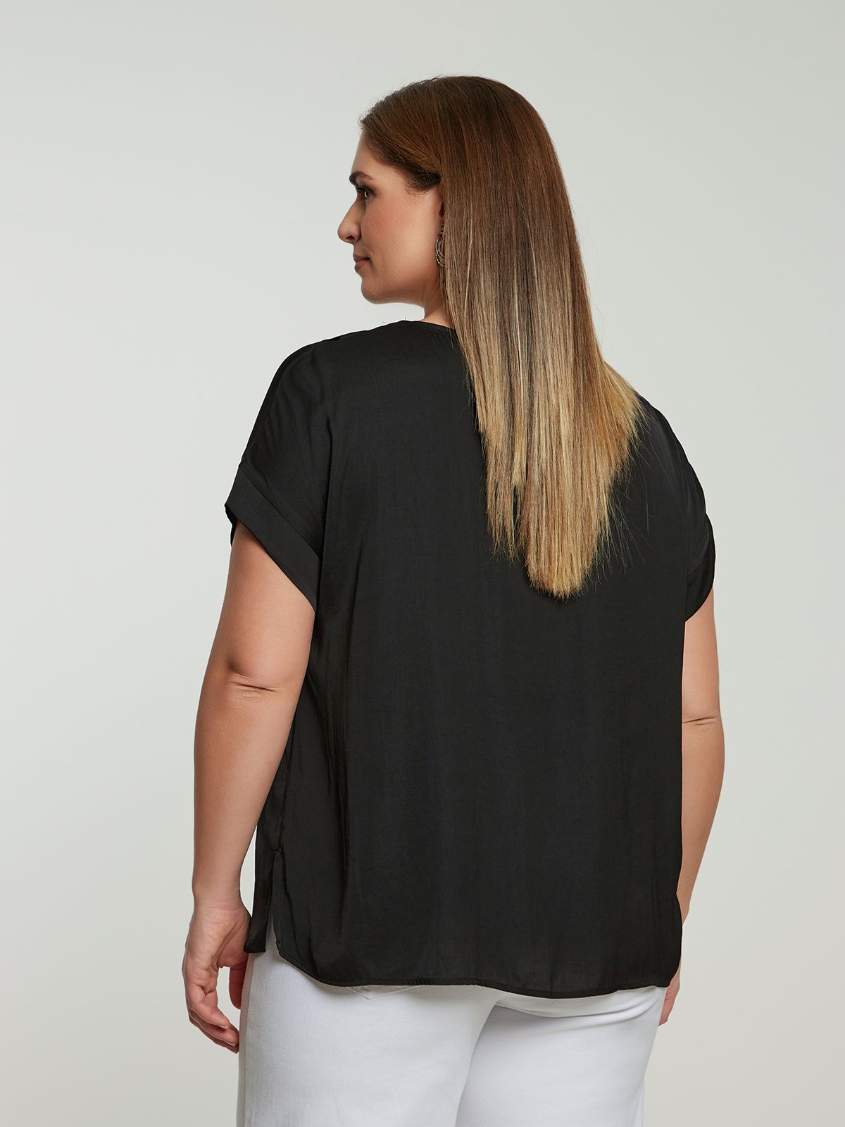 Satin V-neck blouse with ruffled front