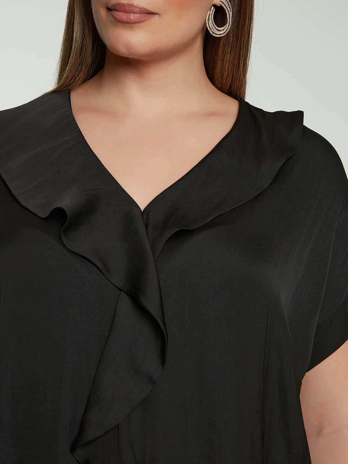 Satin V-neck blouse with ruffled front