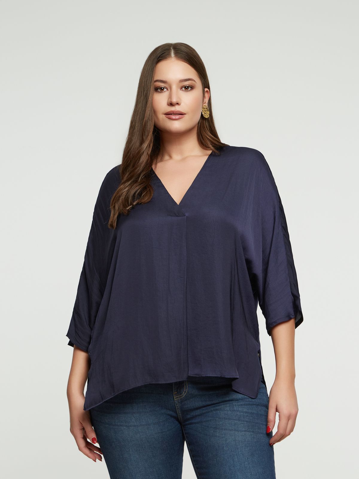 Satin V-neck blouse with three-quarter sleeves