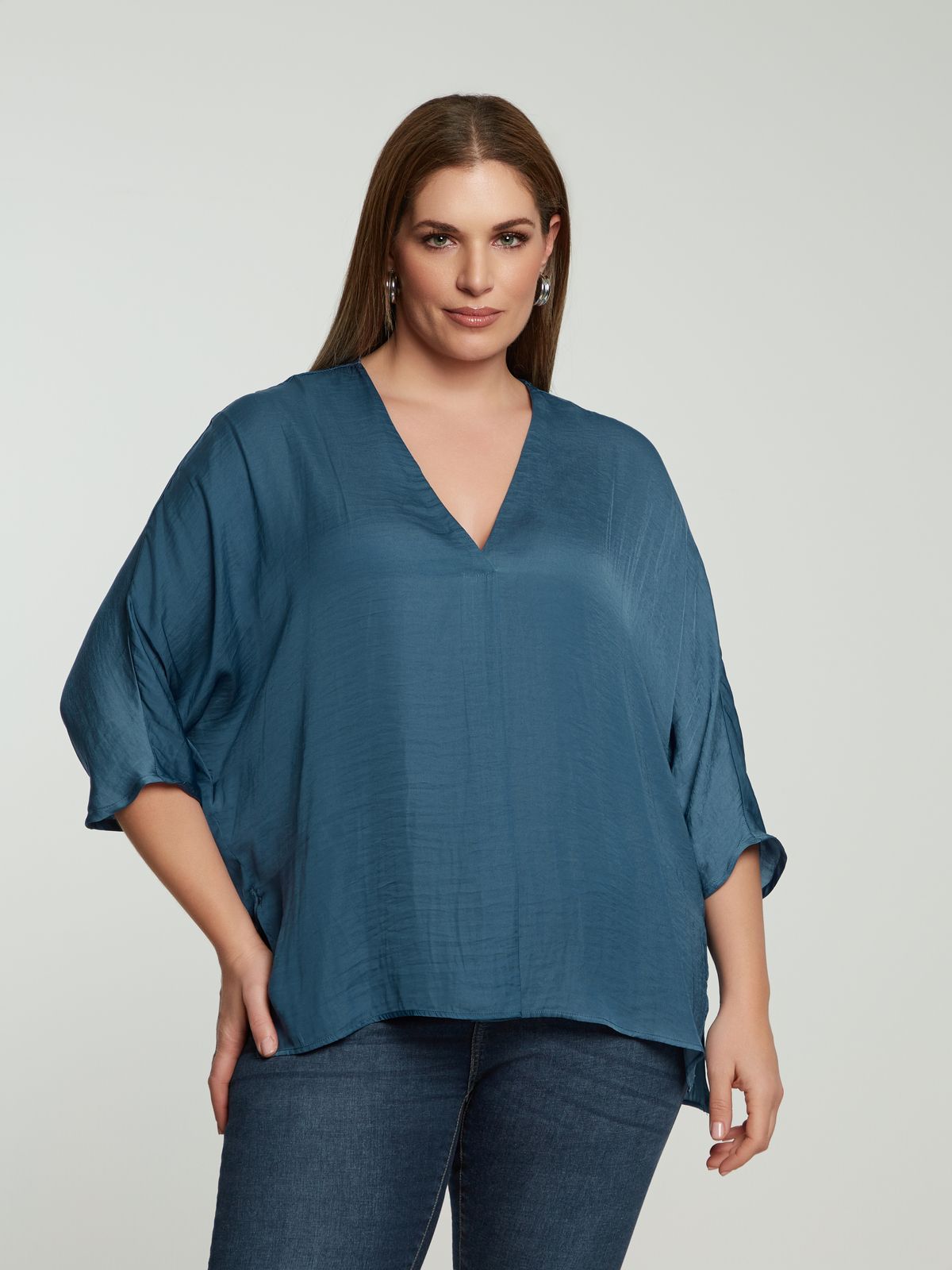 Satin V-neck blouse with three-quarter sleeves