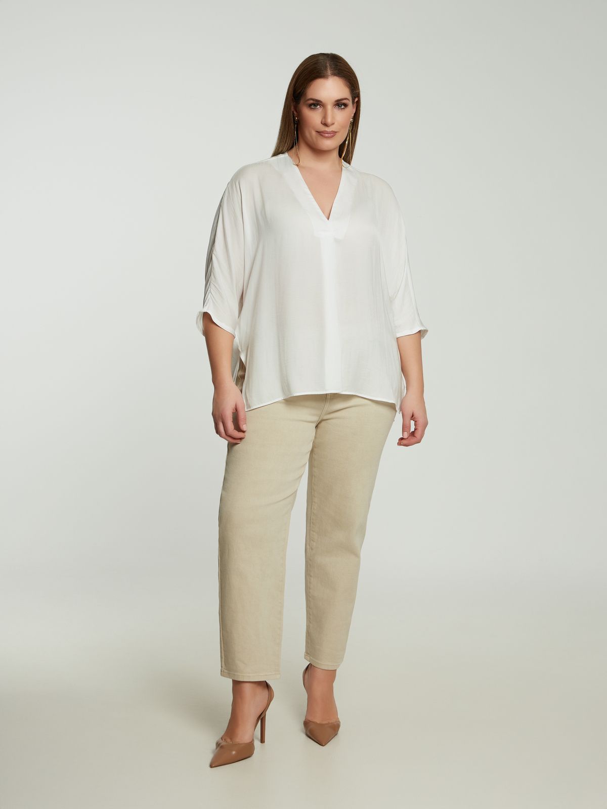 Satin V-neck blouse with three-quarter sleeves