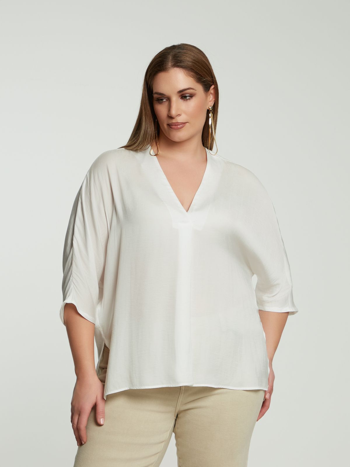 Satin V-neck blouse with three-quarter sleeves