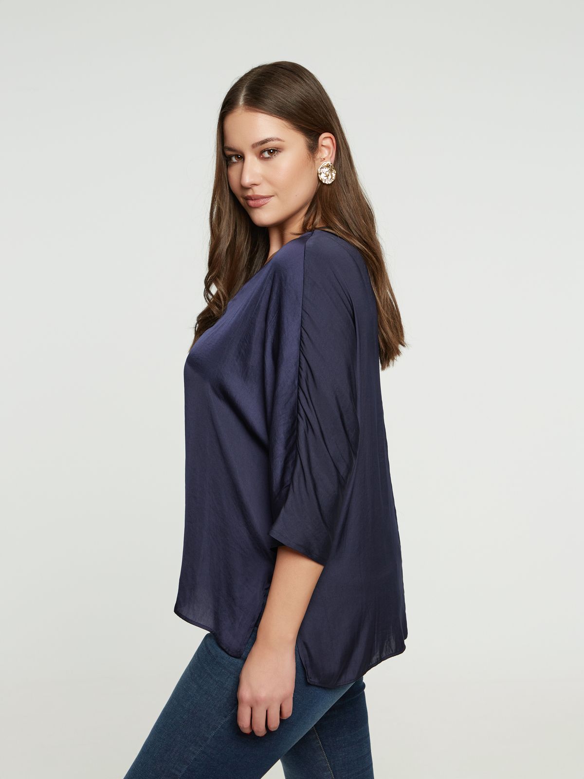 Satin V-neck blouse with three-quarter sleeves