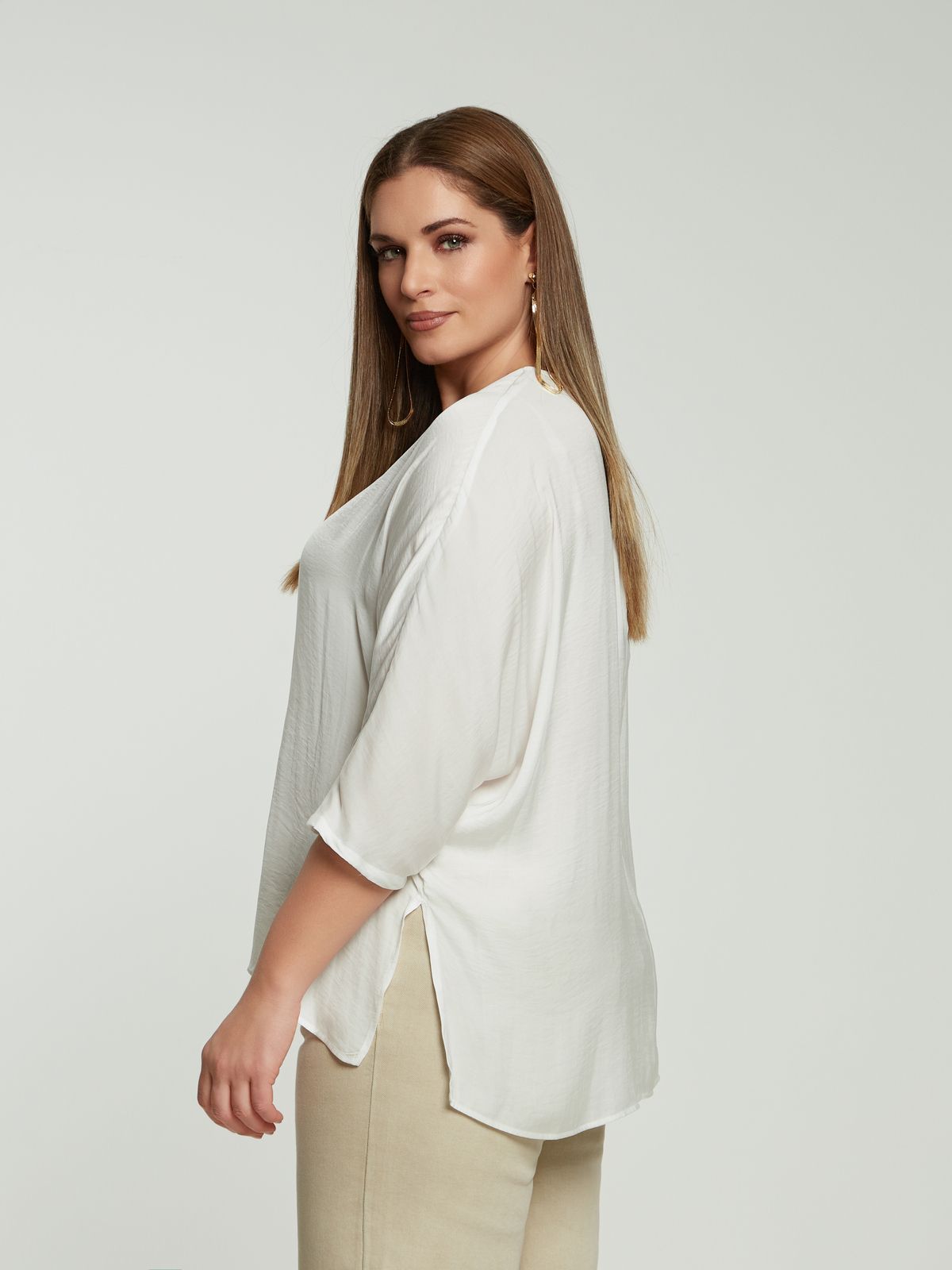 Satin V-neck blouse with three-quarter sleeves