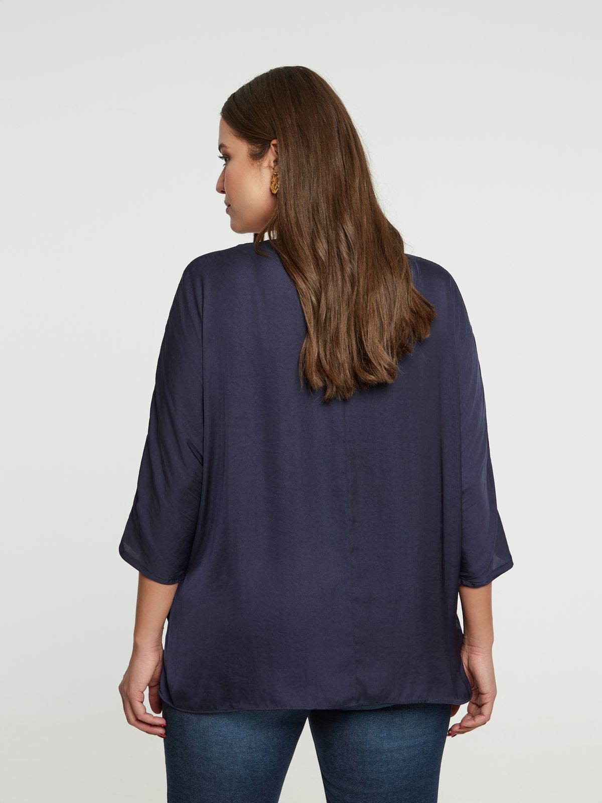 Satin V-neck blouse with three-quarter sleeves