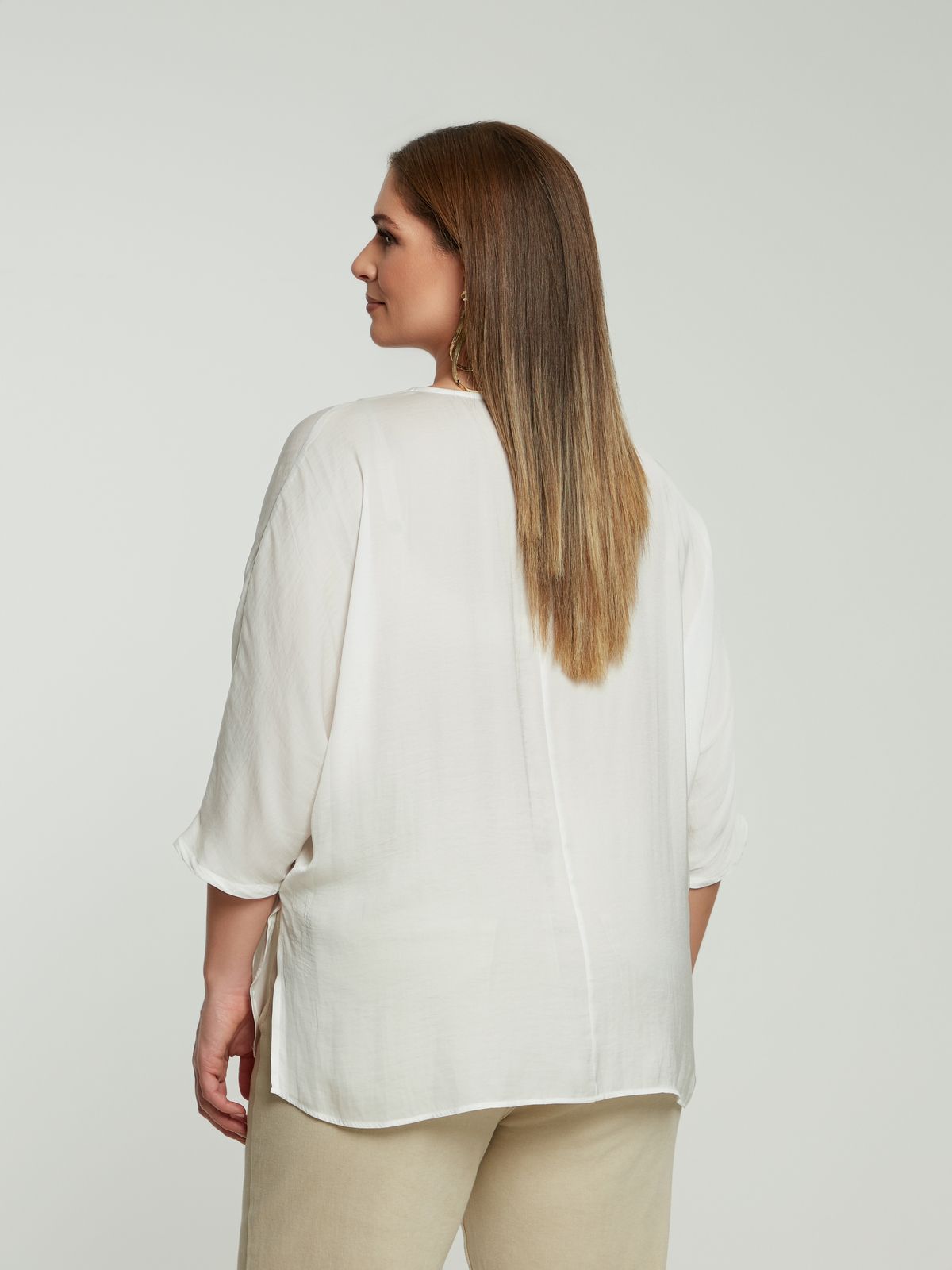 Satin V-neck blouse with three-quarter sleeves