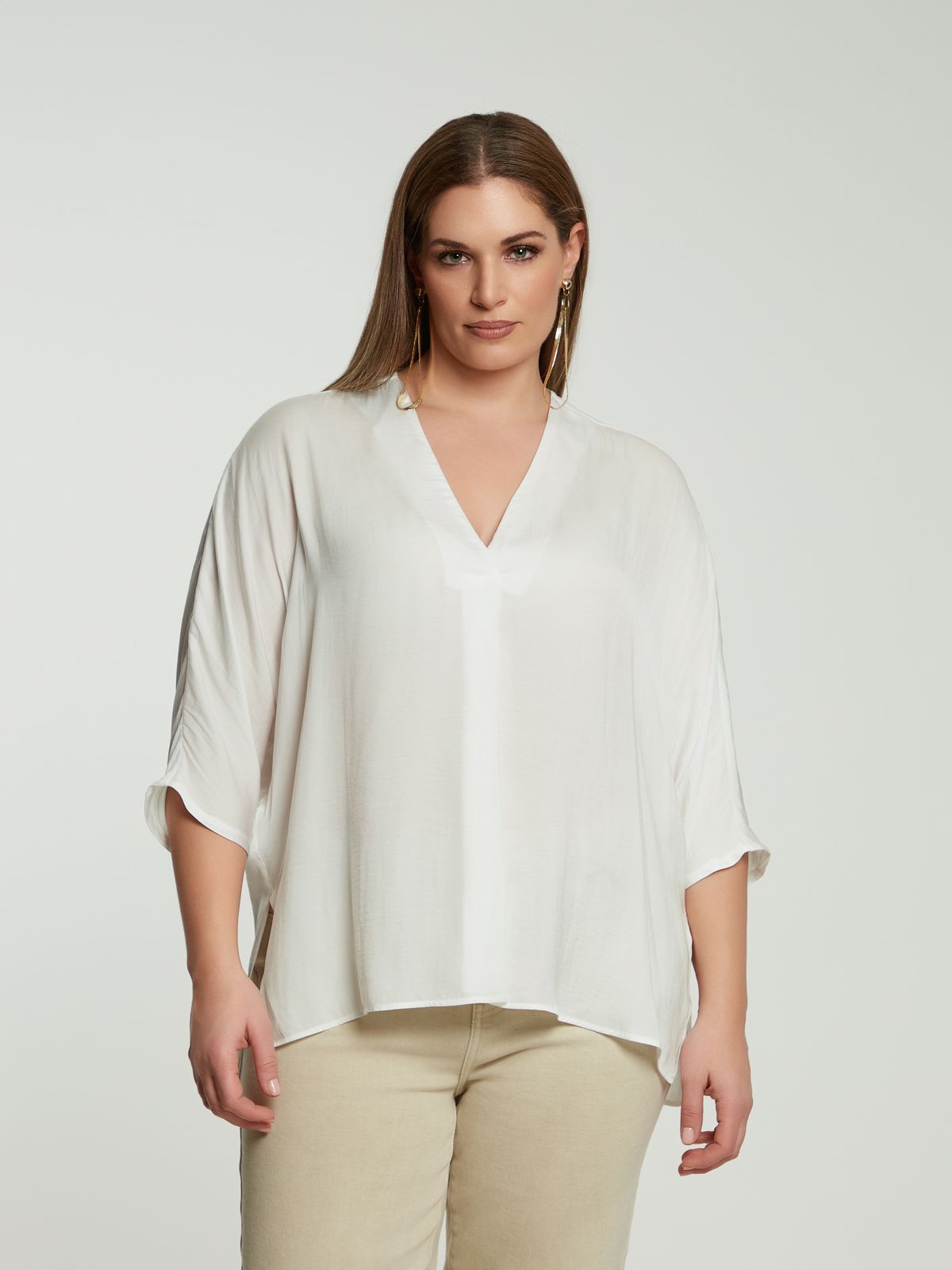Satin V-neck blouse with three-quarter sleeves