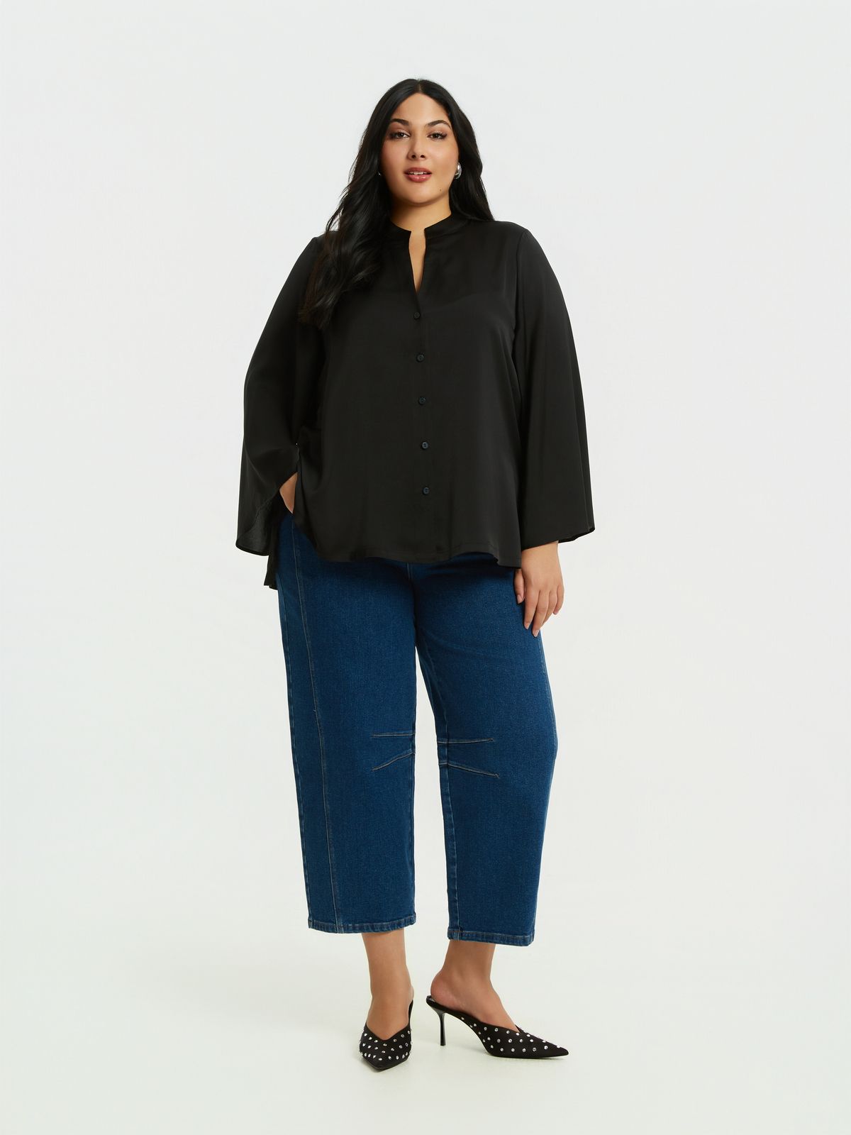 Satin V-neck button-down shirt