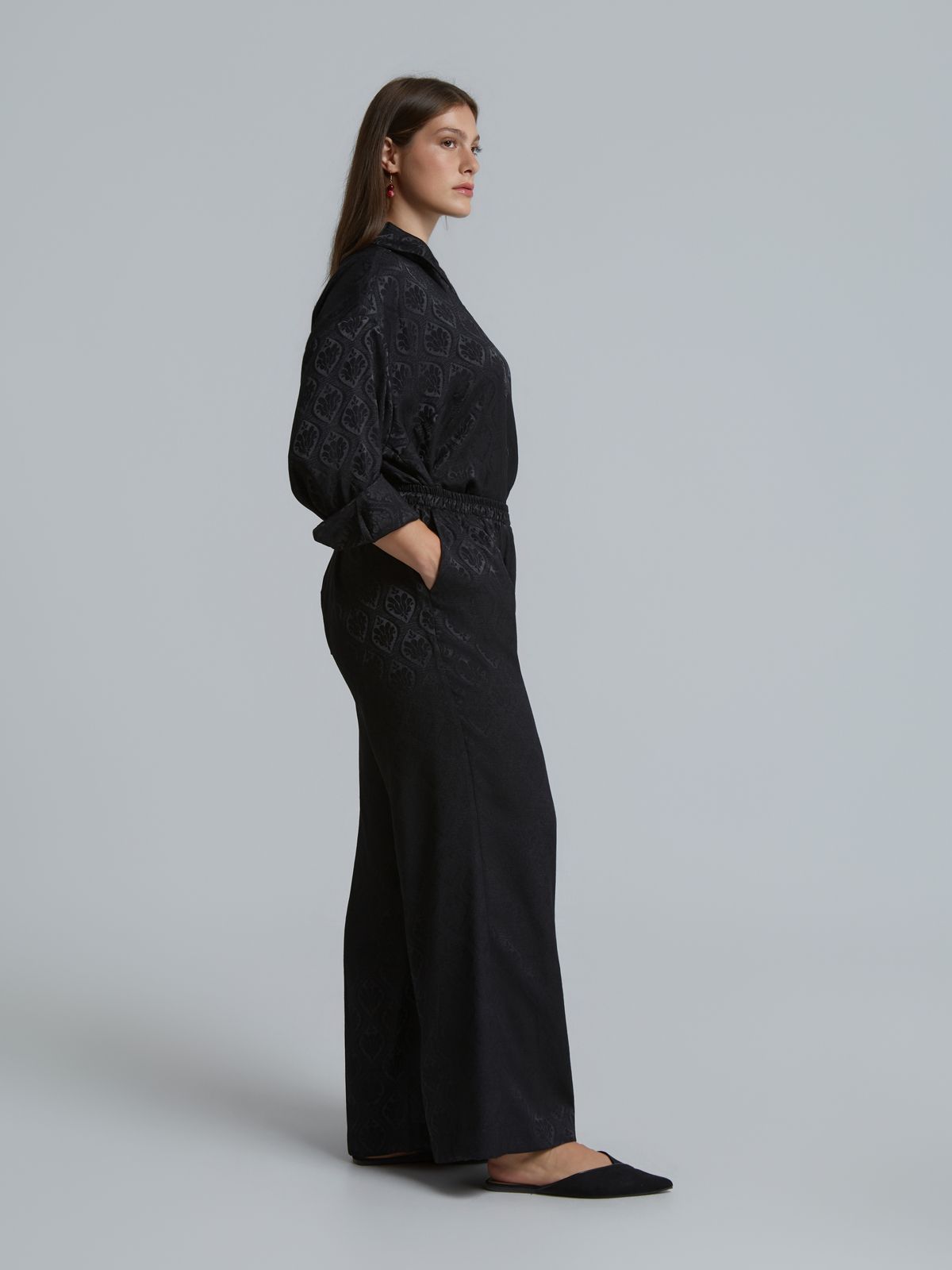 Satin wide-leg trousers with baroque print