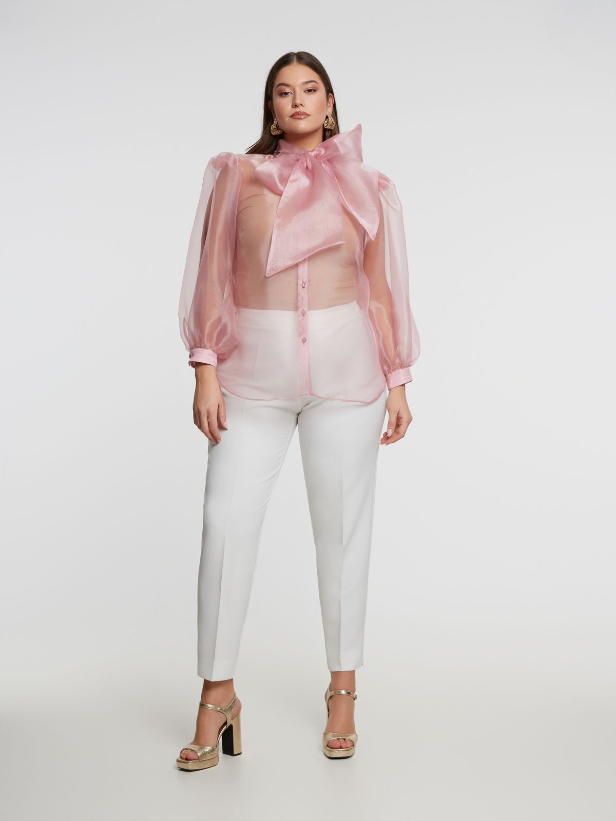 Sheer organza shirt with statement bow