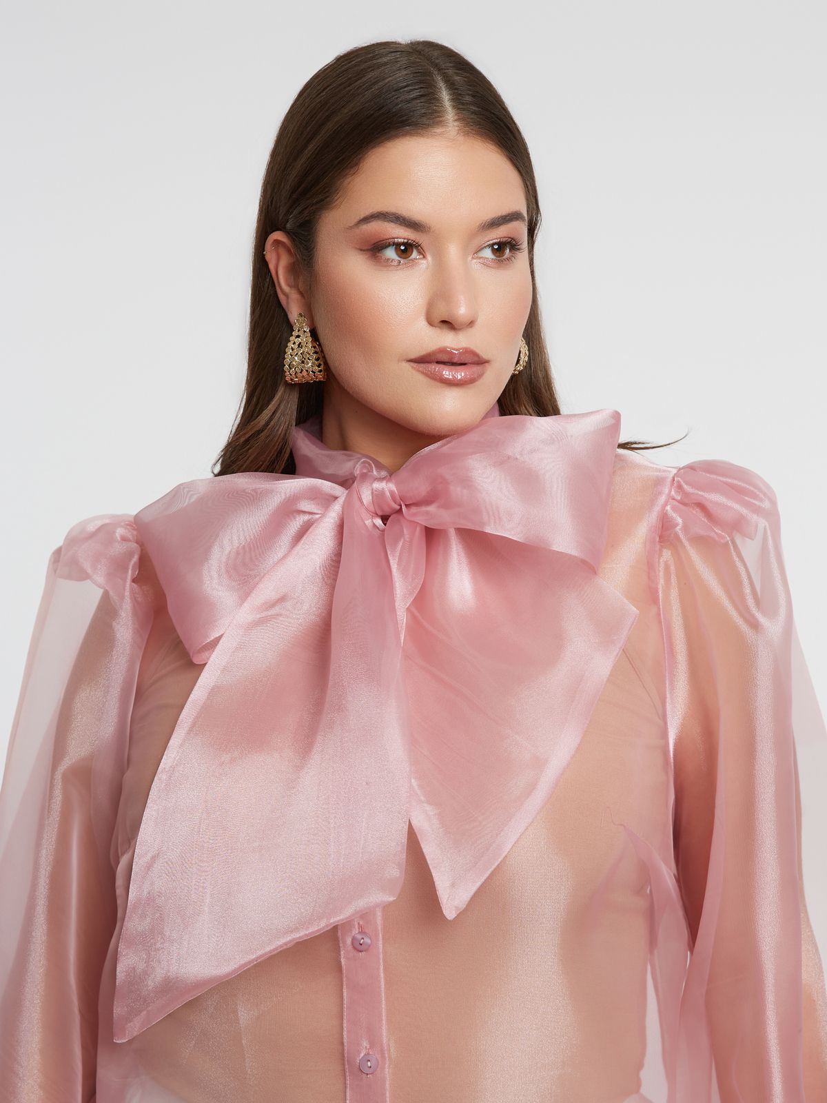 Sheer organza shirt with statement bow