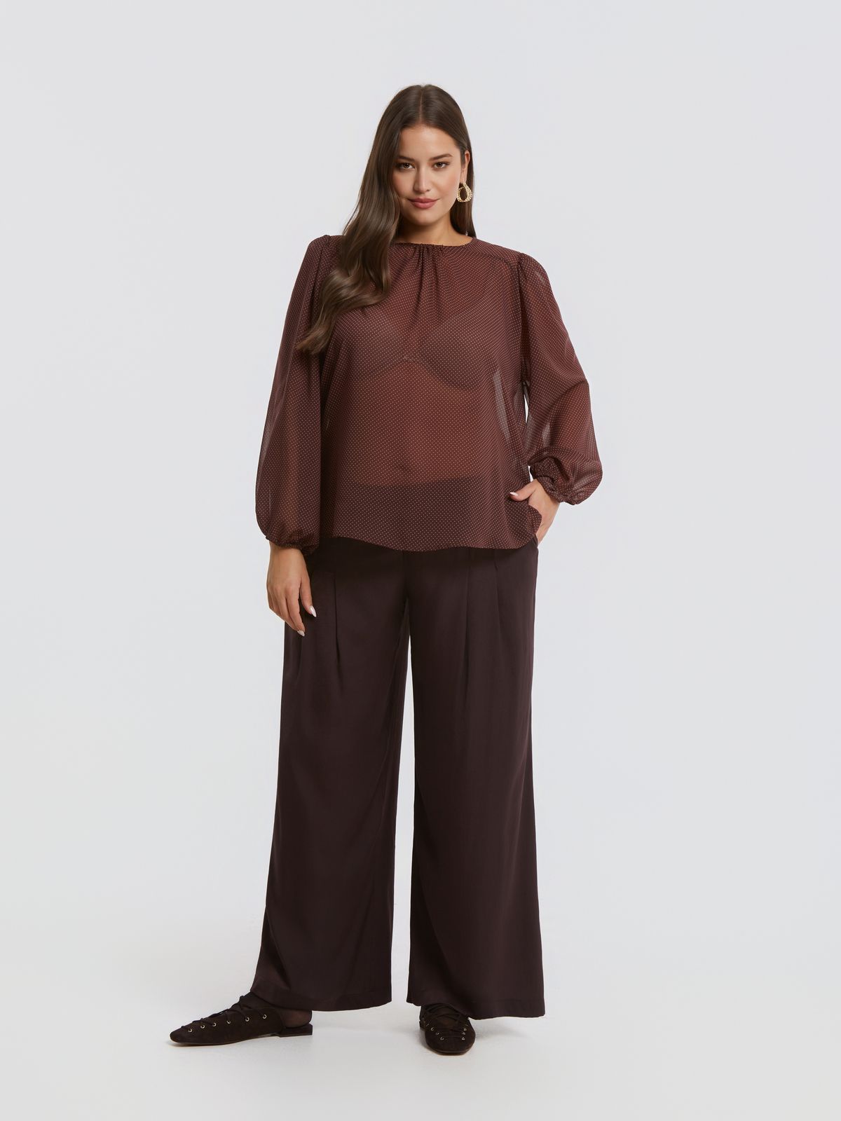 Sheer polka-dot chiffon blouse with balloon sleeves
