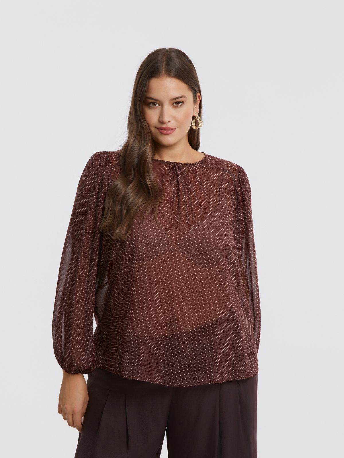 Sheer polka-dot chiffon blouse with balloon sleeves
