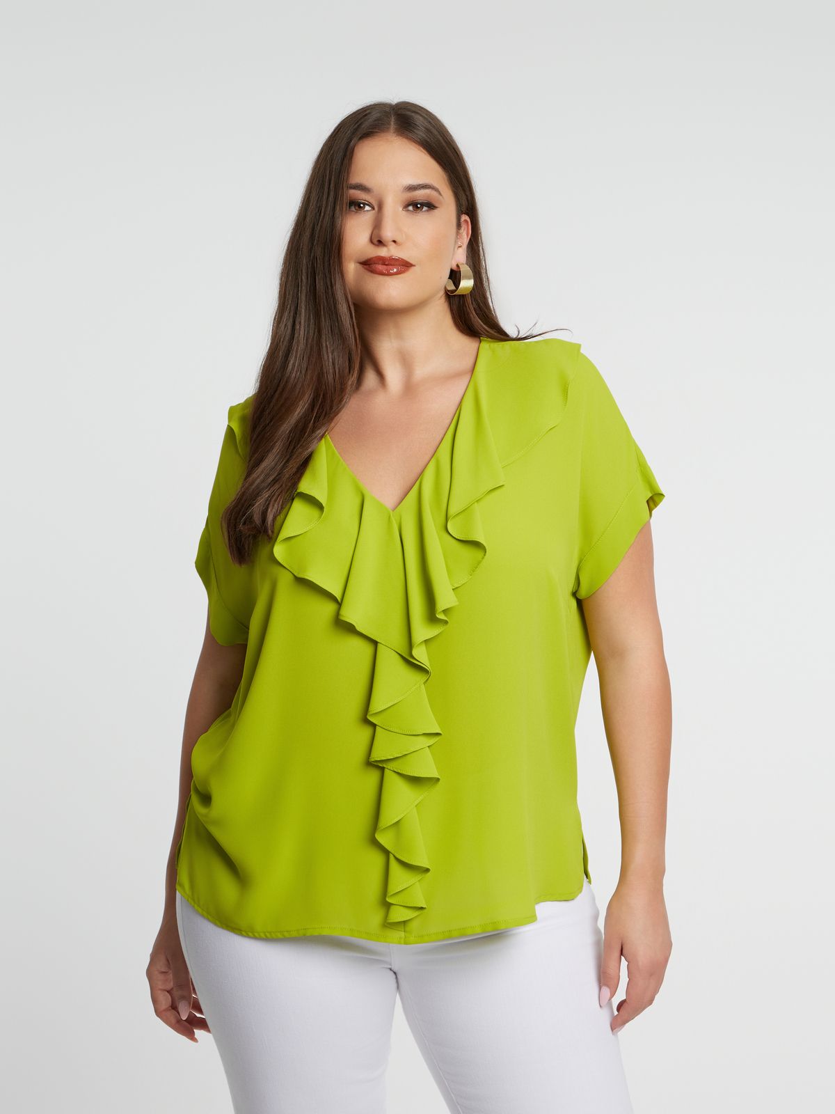 Short sleeve blouse with front ruffle detail