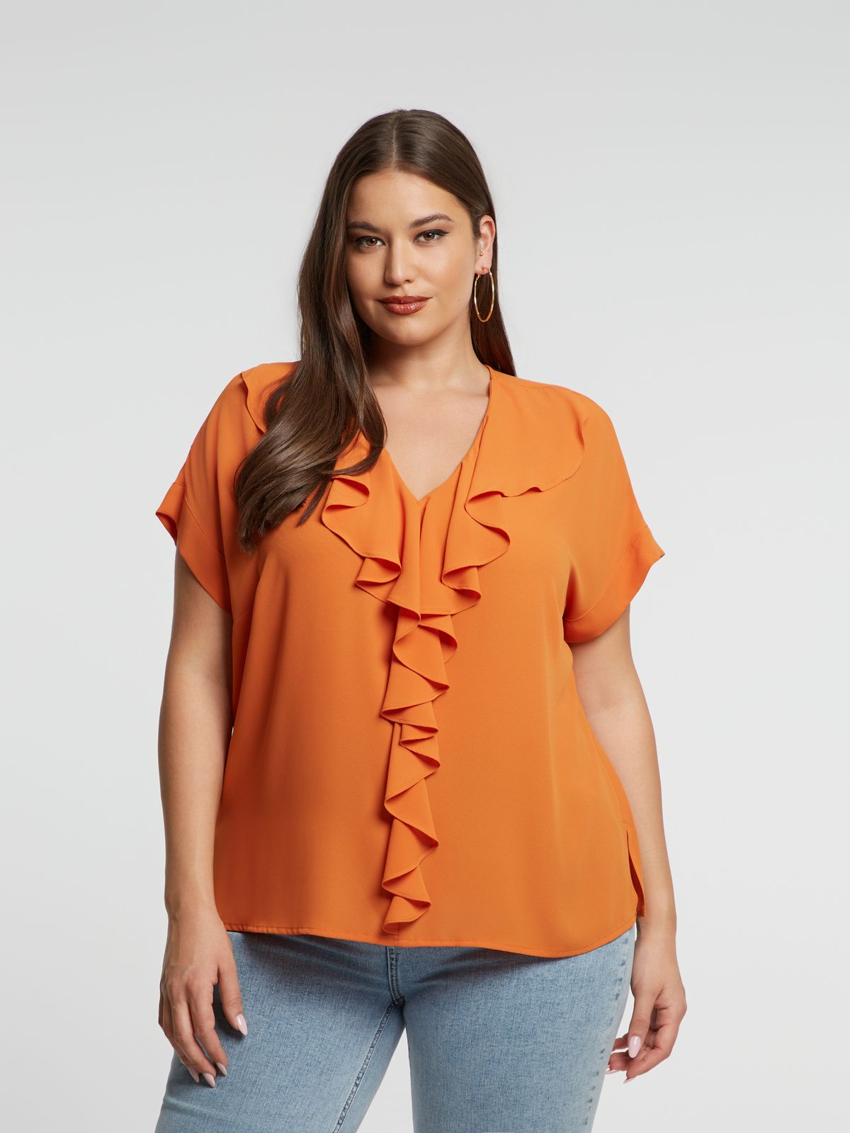 Short sleeve blouse with front ruffle detail