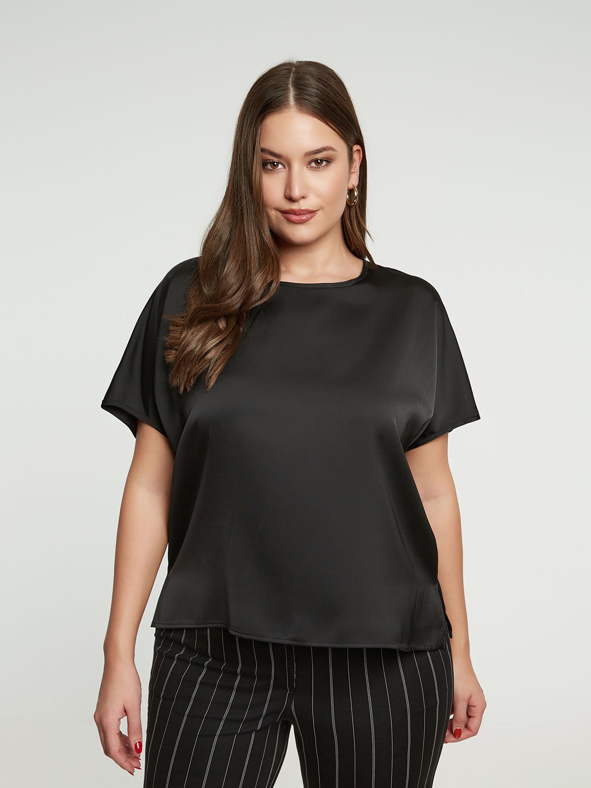 Short-sleeve satin blouse with back ties