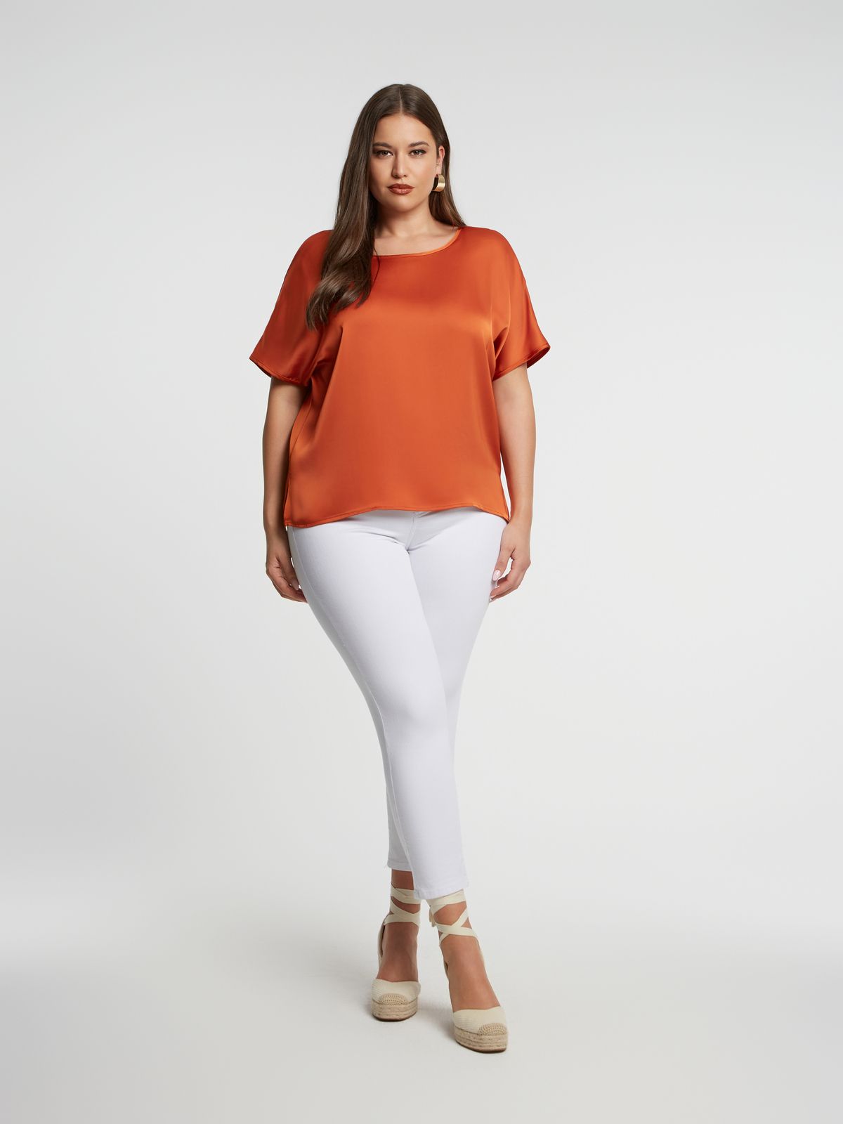 Short-sleeve satin blouse with back ties